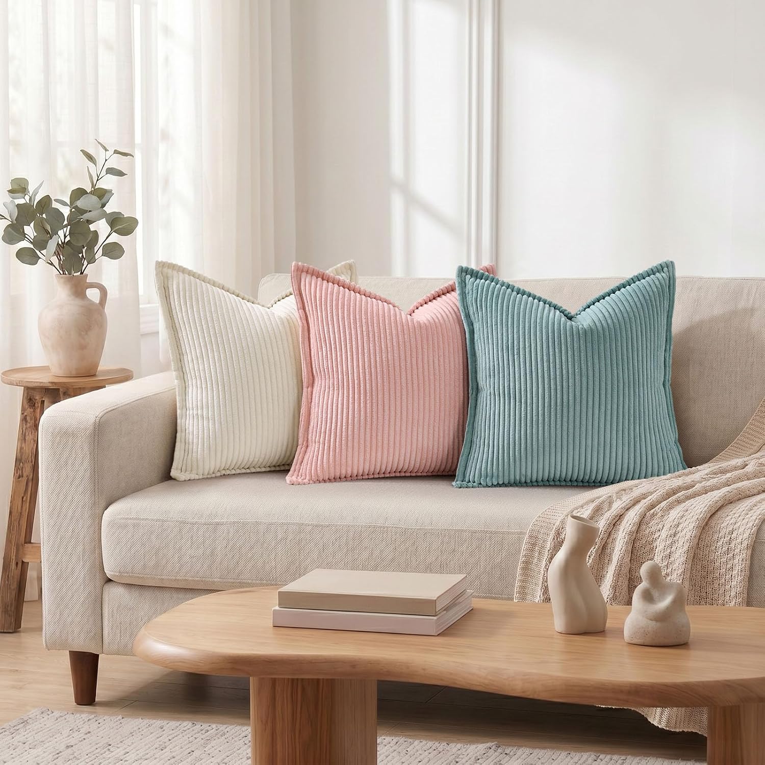 Mecatny Corduroy Throw Pillow Covers 16x16 Set of 2, Neutral Decorative Soft Boho Couch Pillow Covers with Broadside for Sofa Living Room, Aqua