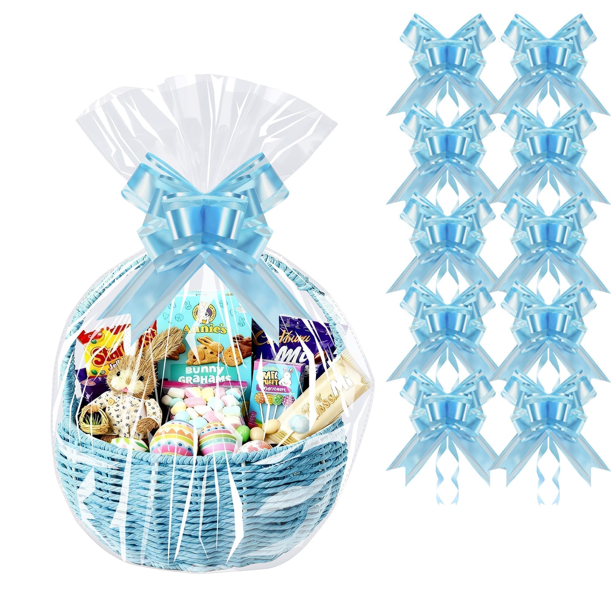 PigPotParty Cellophane Bags for Gift Baskets, 16x24 in, 10 Pack, Blue Bows