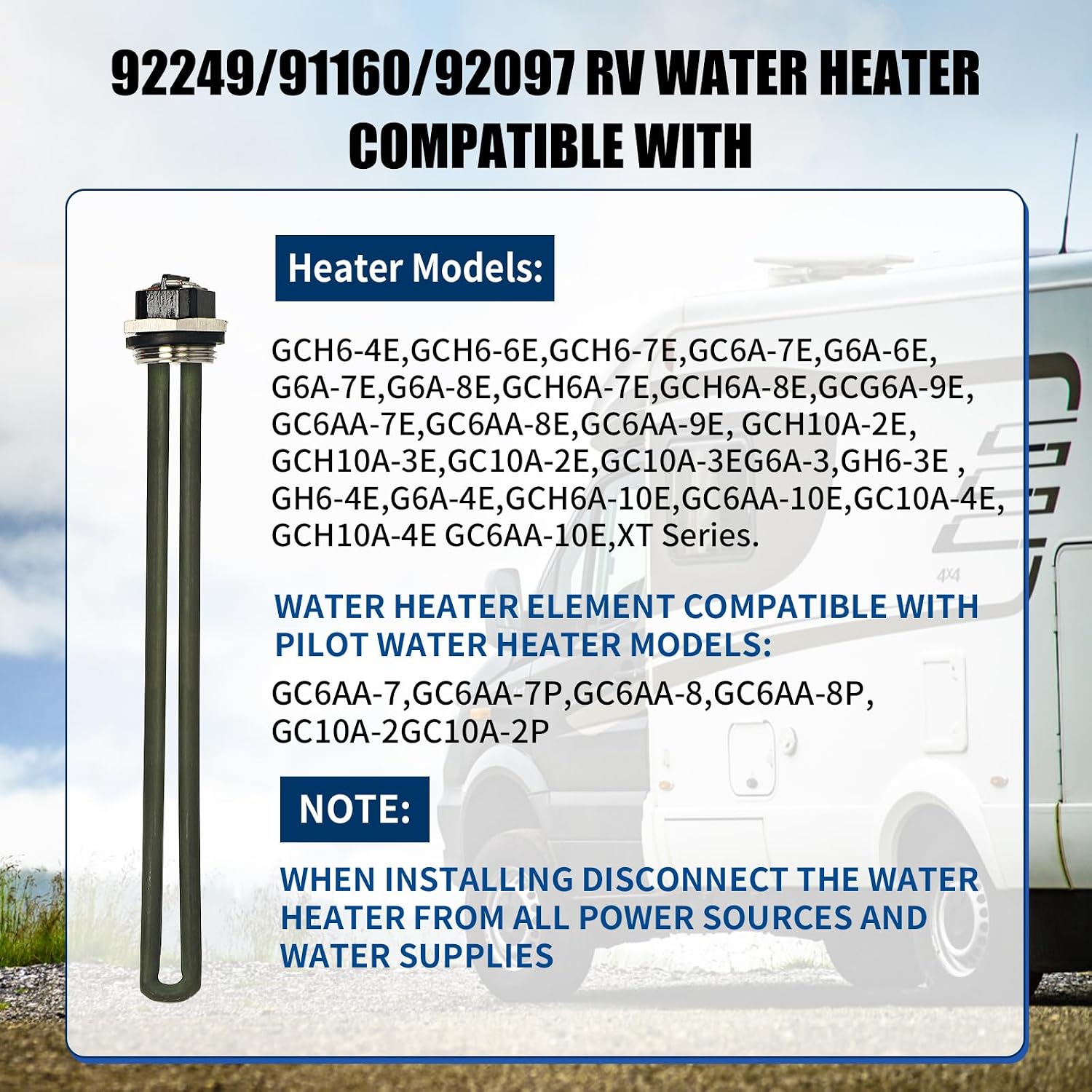 92249 RV Water Heater Element for Atwood Water Heater Parts GC6AA-10E GC10A-4E G6A-8E GC6AA-9E GC10A-3E GCH6A-8E, for Camper Motorhome RV Heater Element 1400W 110V/120V