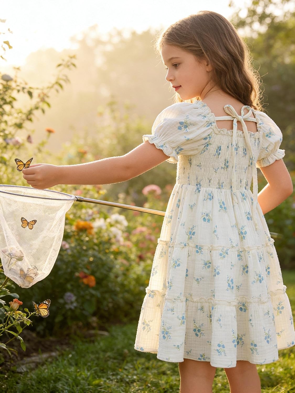 Toddler Girl Dress Short Sleeve Kids Floral Smocked Square Neck Beach Sundress | Summer Fashion Dresses 2-7Y image 3