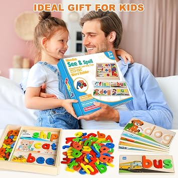 Learning Toys for 3 Year Old, Alphabet Puzzle Spelling Games Preschool | Wooden Alphabet Puzzle with 52 Letter Blocks, CVC Word Matching, Montessori Learning for Preschool Kids Ages 3-5