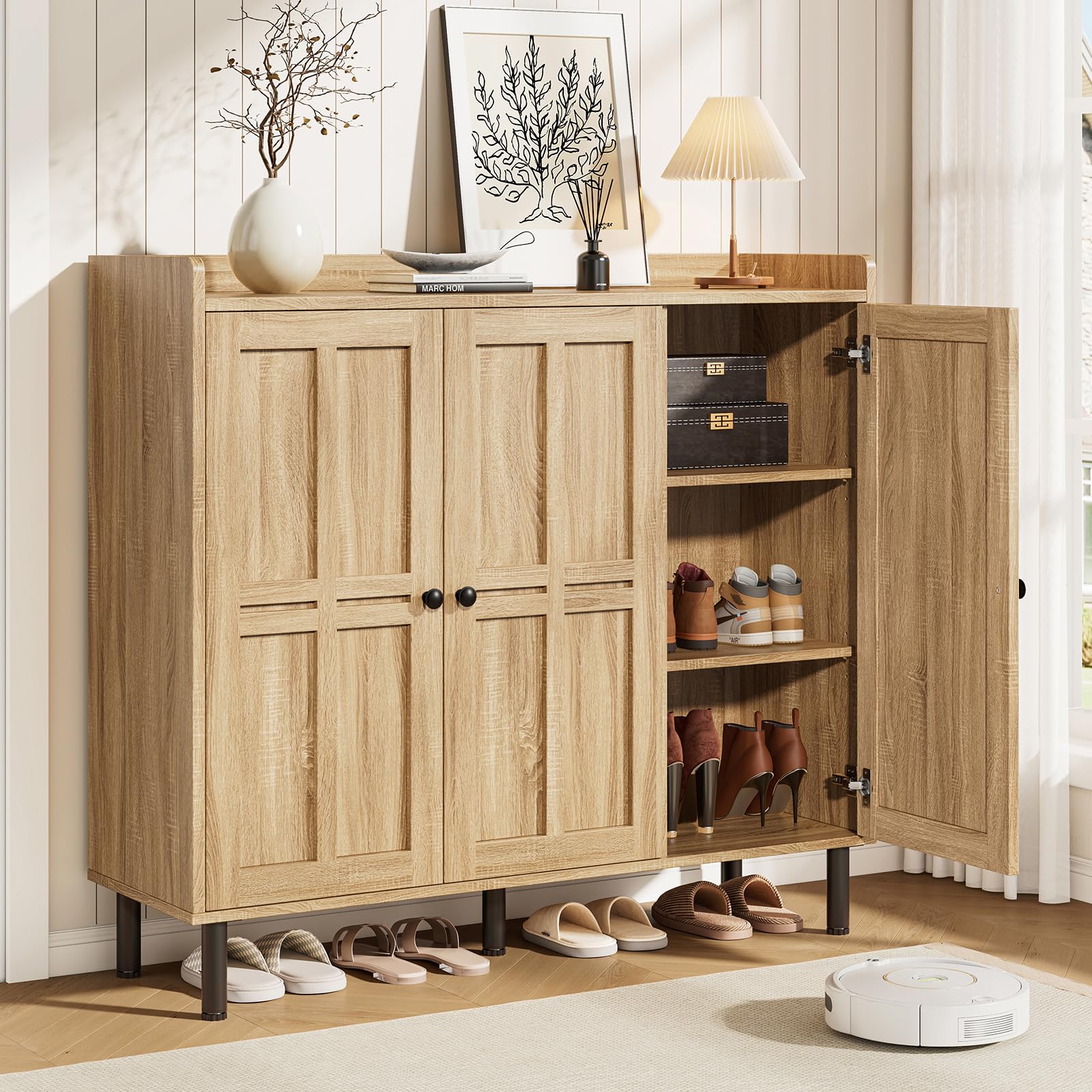 ONBRILL Large Shoe Cabinet with 3 Doors &amp; Adjustable Shelves (Natural Oak)