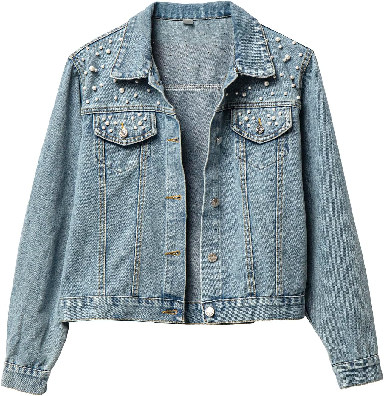 Simier Fariry Womens Embroidered Pearls Oversized Denim Jacket Spring Fall Long Sleeve Cotton Jean Coat Winter Clothes