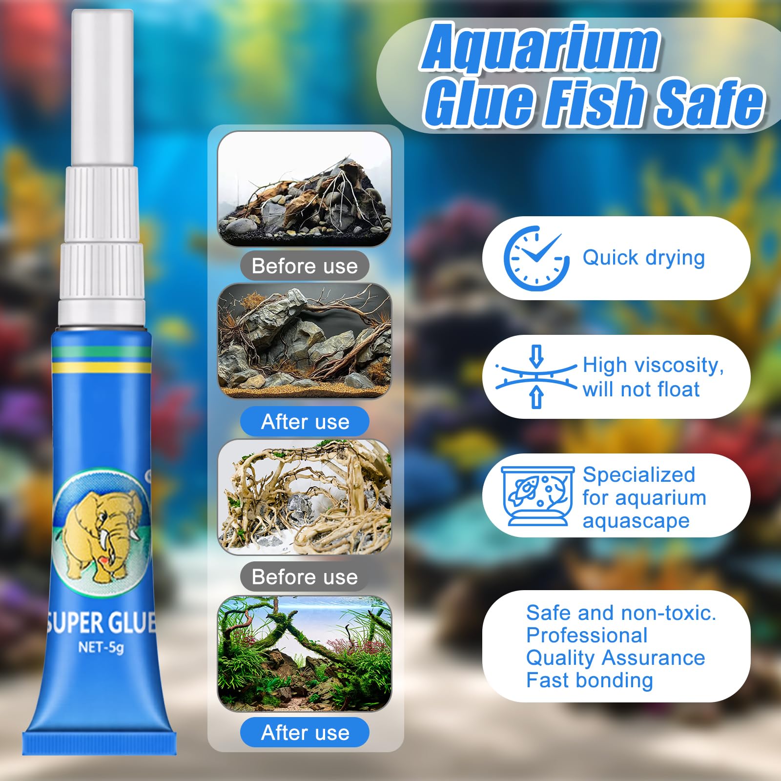 Colla per Acquario Silicone, 4 Pezzi, Super Colla per Fissaggio Coralli Rocce Legno Plastica Acqua Marina