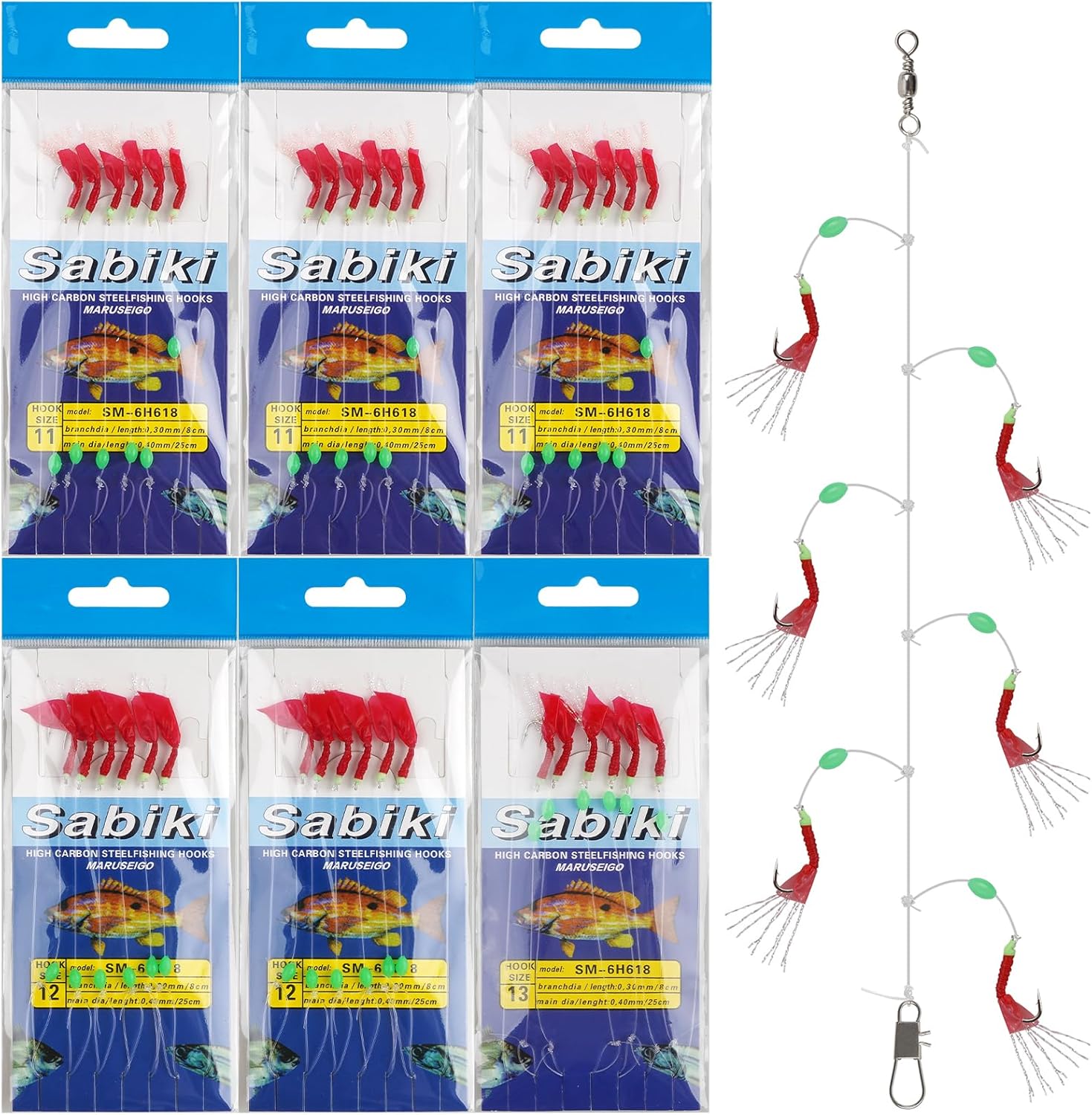 Fishing Bait Rigs Set Saltwater Surf Fishing Rigs with String Hooks Fish Skin Glow Beads Luminous Feather Rig for Saltwater Freshwater Bass Trout Walleye 6/12packs