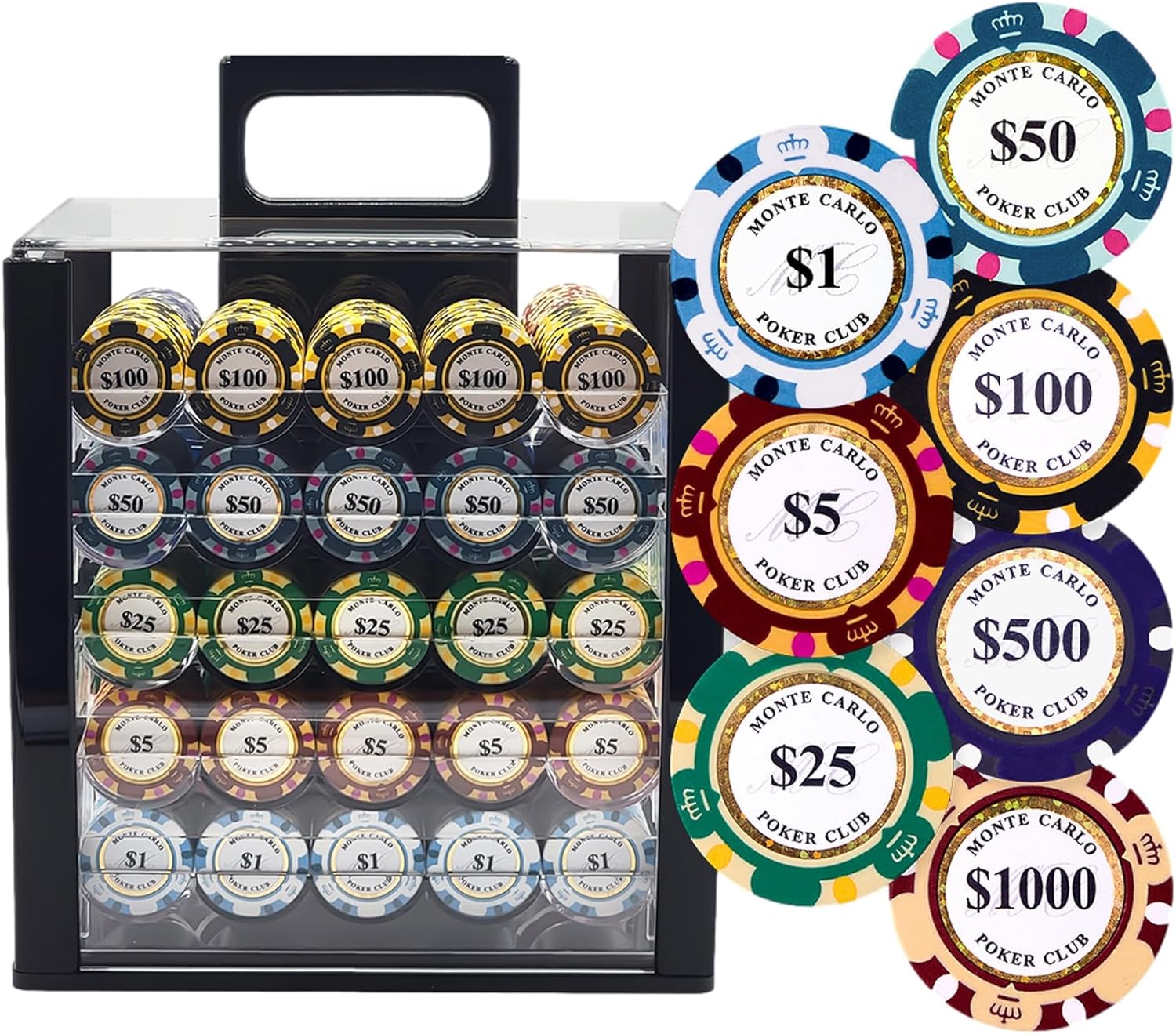 1000pcs 14g Monte Carlo Poker Club Poker Chips Set with Custom Build (1000 Chips Acrylic Case)