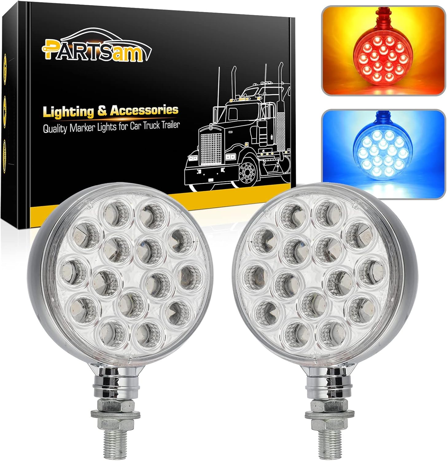 Partsam 2pcs 3" Dual Revolution Amber/Red/Blue Round Double Face 30 Diode Marker/Turn Signal and Auxiliary Led Pedestal Light with Chrome Housing Sealed Replacement for Peterbilt/Freightliner, 10-30V