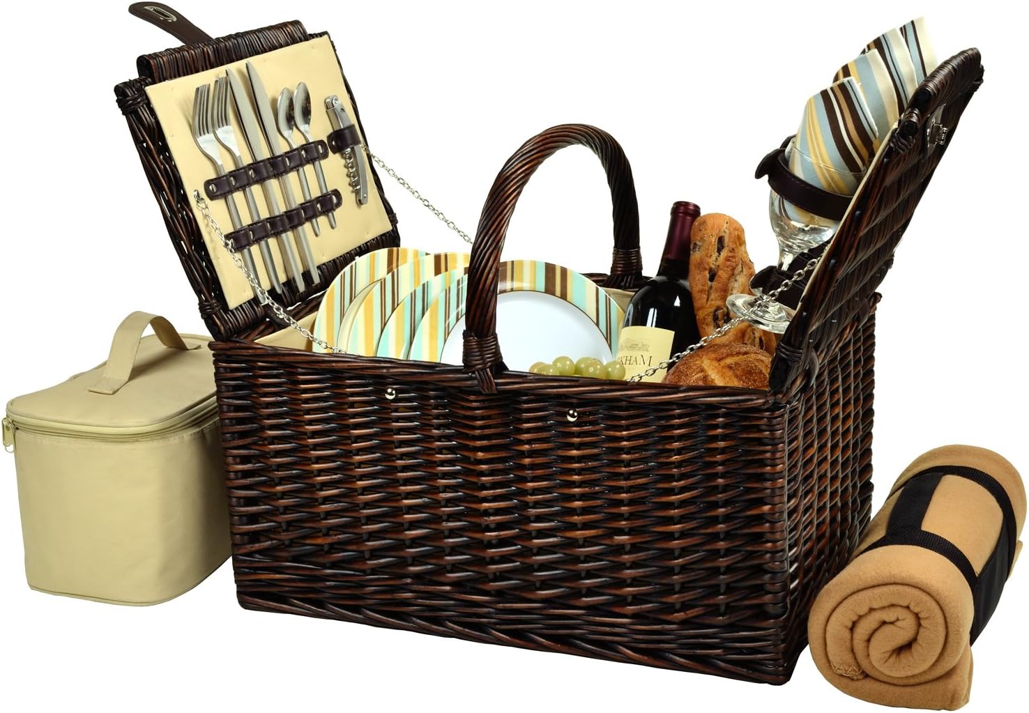 Picnic at Ascot Buckingham Willow Picnic Basket with Service for 4 with Blanket- London Plaid
