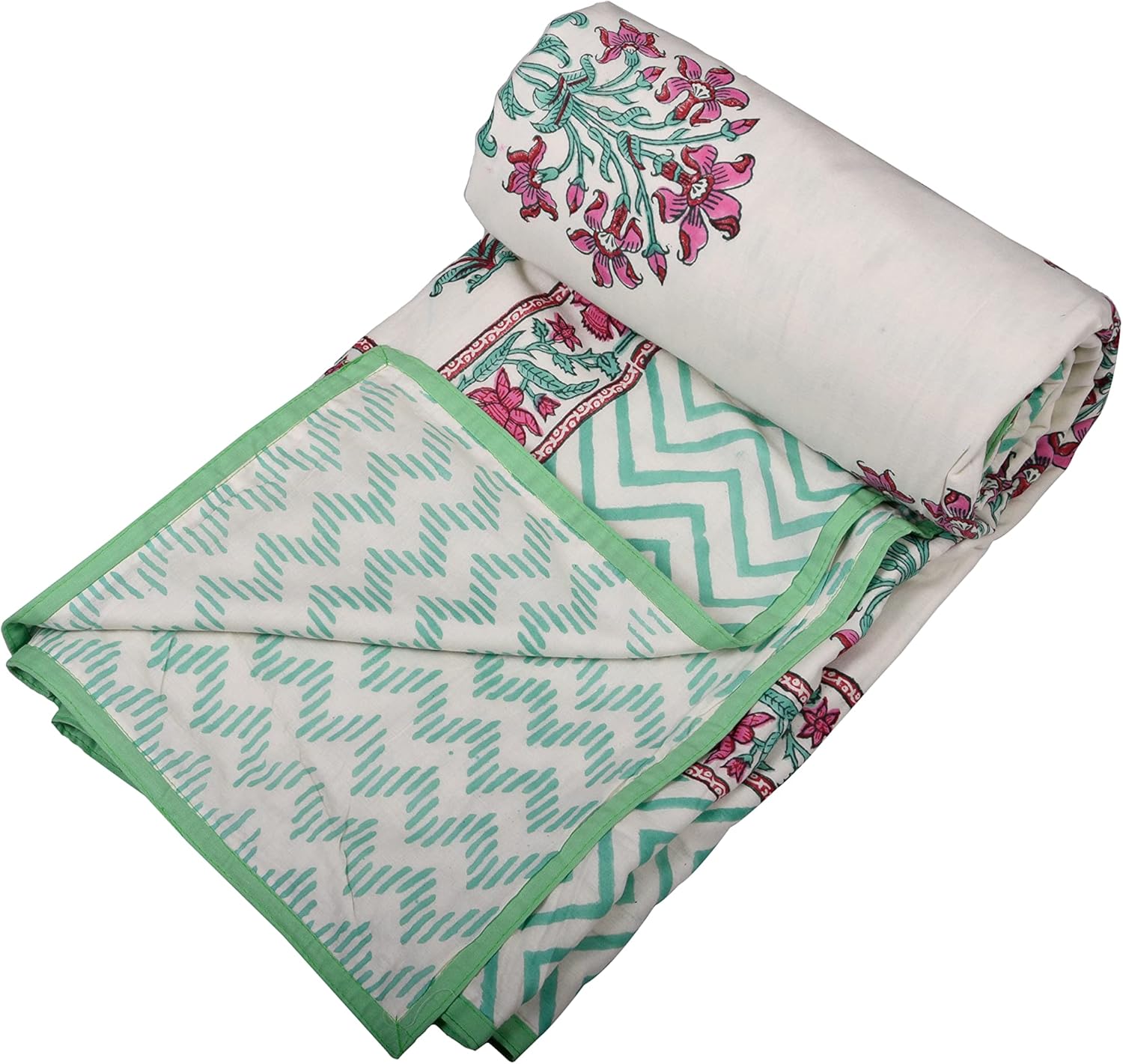 Reversible 100% Cotton Single Lightweight Blanket, Indian Blanket, AC Blanket Throw, 60x90''' (Green Pink Plant)