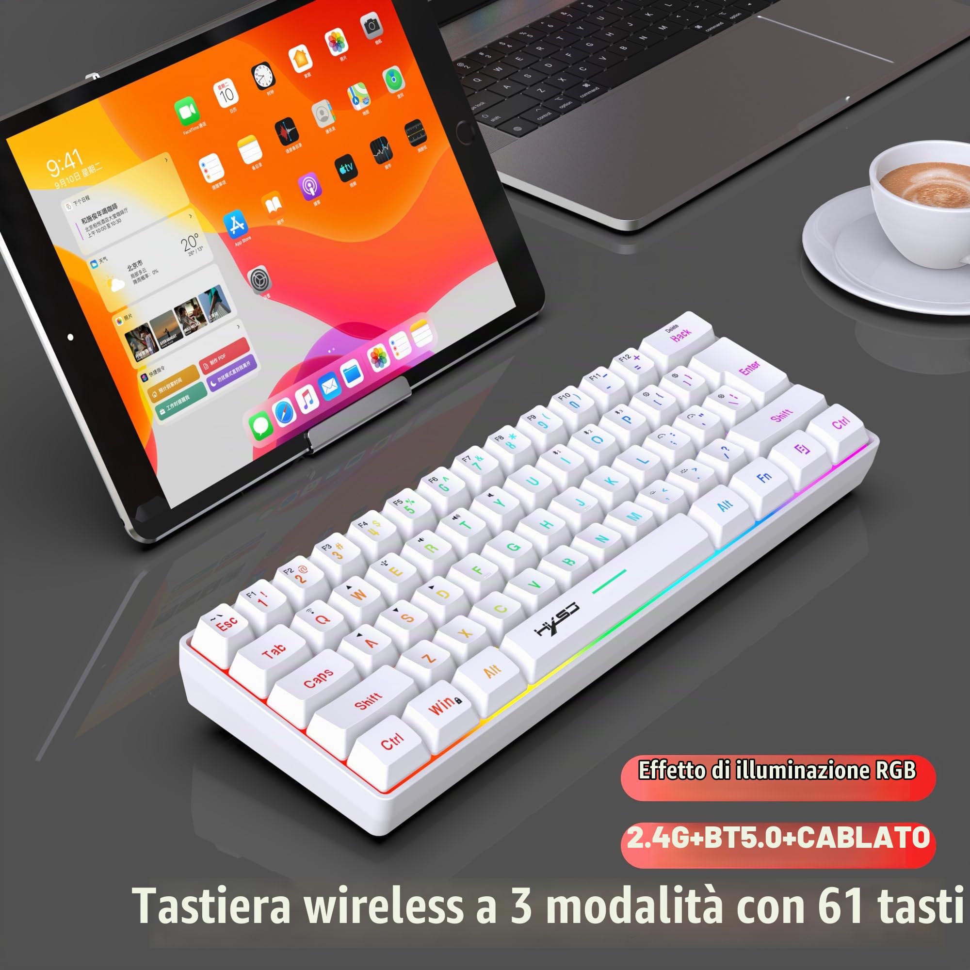 Tastiera Wireless Gaming, 61 Tasti Bluetooth 5.0 + 2.4G Dual-Mode Tastiera Retroilluminata Arcobaleno Ergonomica Piccola al 60% con Batteria Ricaricabile per Windows Mac PC PS4 Gamer, Bianca