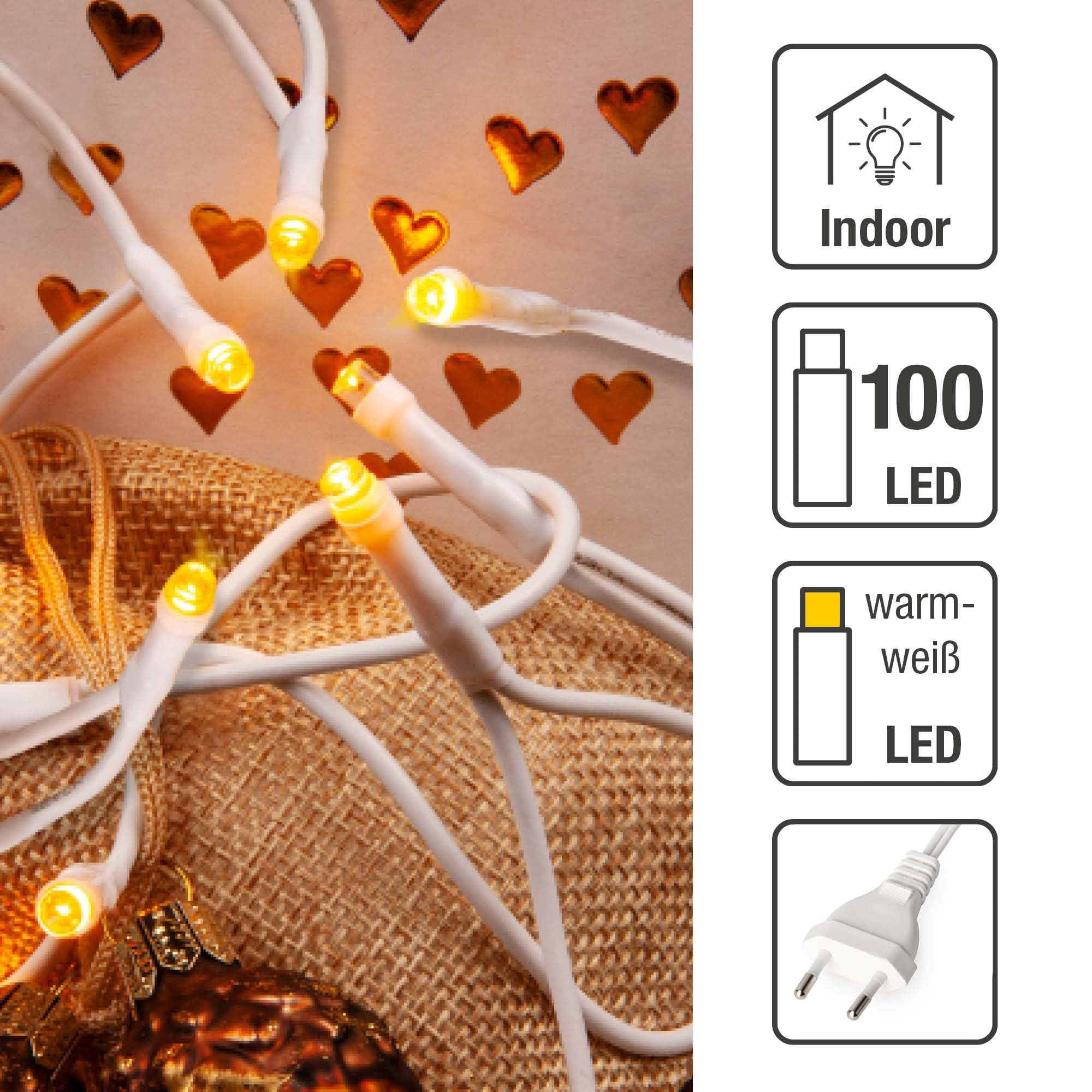 hellum Mini Lichterkette warmweiß weißes Kabel, 100 LED, 14,85m beleuchtet
