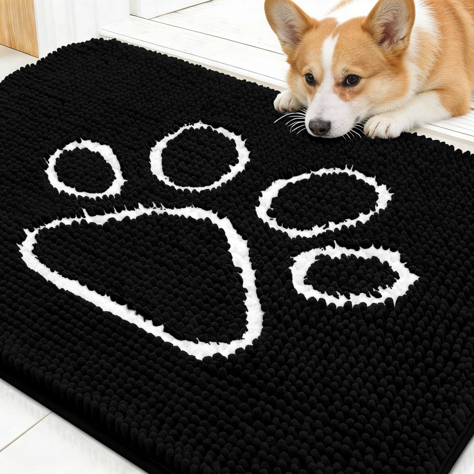 OLANLY Dog Door Mat for Muddy Paws 30x20, Paw Print Design Chenille Mud Mat