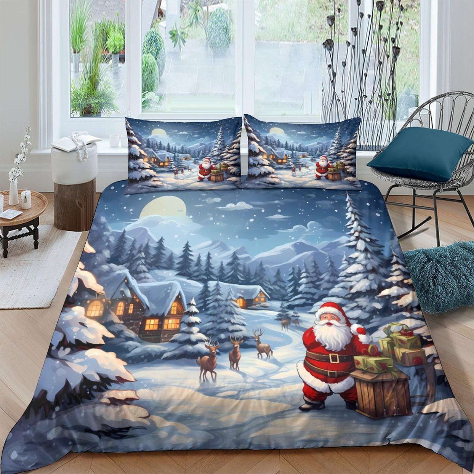 Ctjqhvkz Style-10 3D Printed Christmas Village Fitted Sheet Microfiber Soft Santa Claus Bed Cover For Bedroom Dorm Holiday Decor Single（135X200cm）