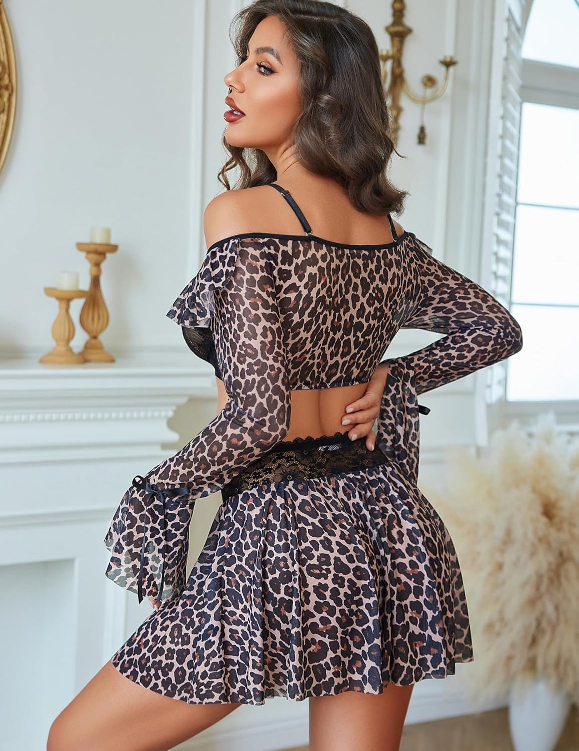 Avidlove Women's Sexy Lingerie Set Sheer Mesh Off Shoulder Bra Panty Ruffle Skirts 3 Piece Sets - Image 2