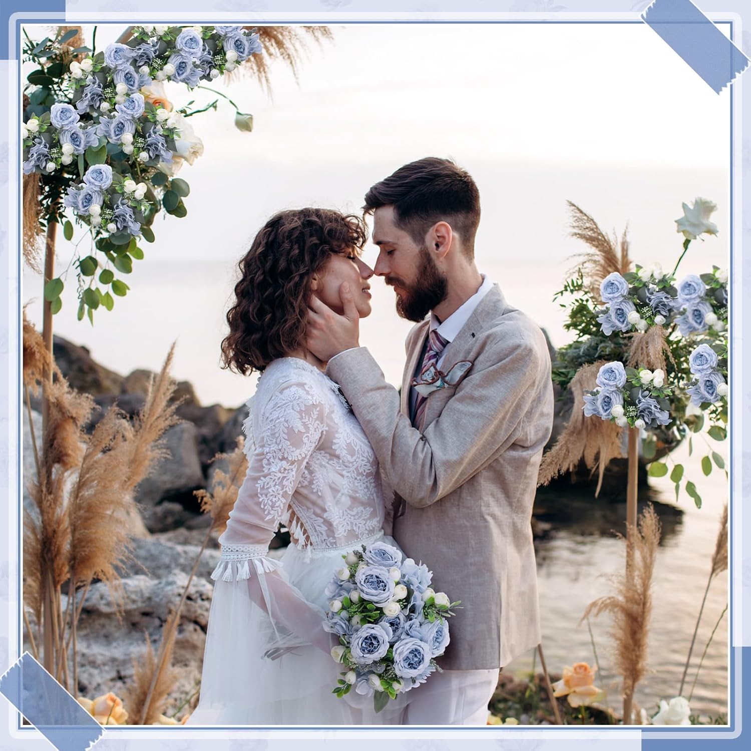 Yunsailing 8 Packs Artificial Peony Flowers Faux Silk Hydrangea Bouquet Vintage Wedding Home Table for Door Decor Reusable Bouquet of Rose Flowers for Valentine Wedding Birthday Party(Blue White) - Image 5