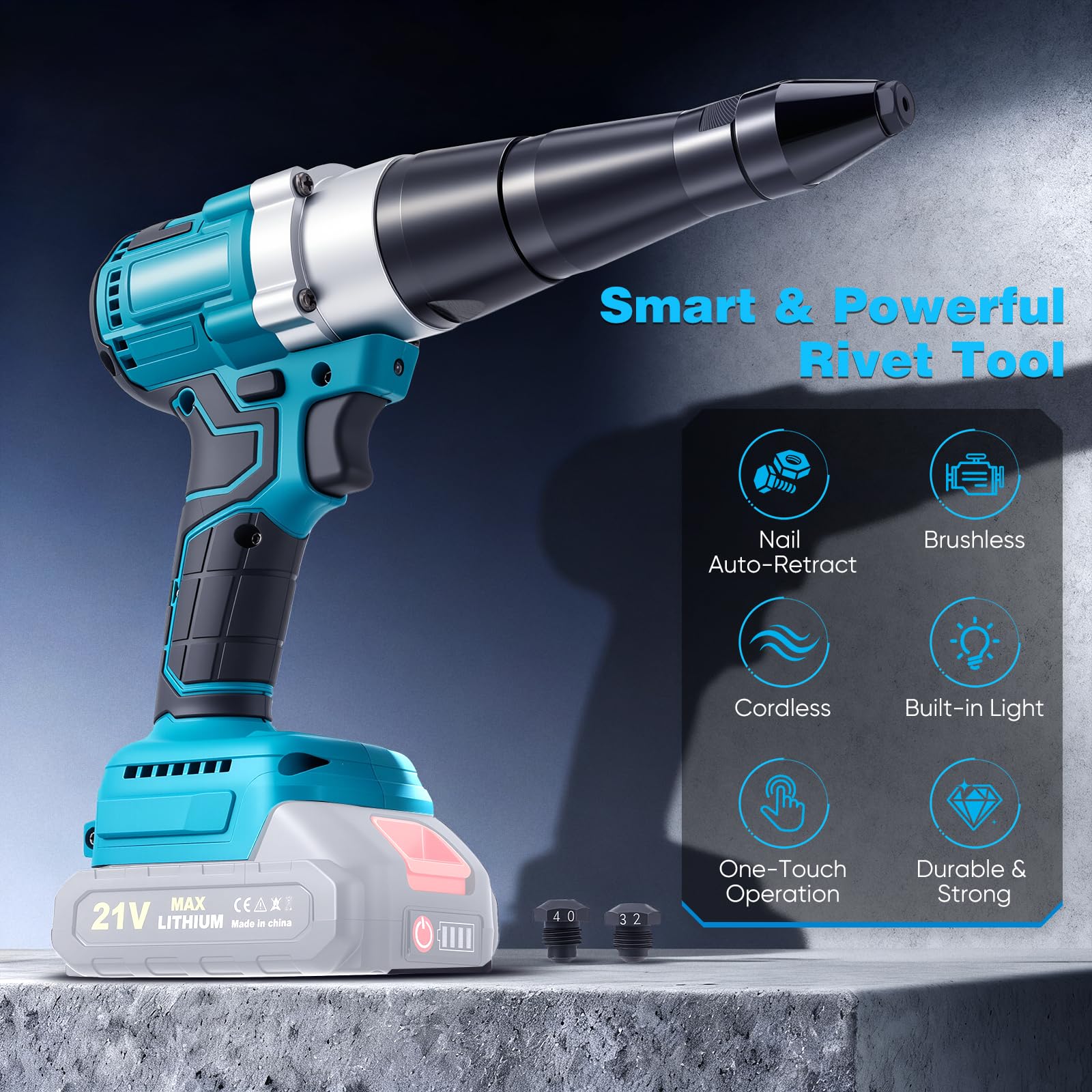 Rivettatore a batteria compatibile con Makita da 18 V, rivettatore a batteria con motore brushless, 3 ugelli per rivetti in alluminio e acciaio inox da 2,4 – 5,0 mm, con lampada a LED