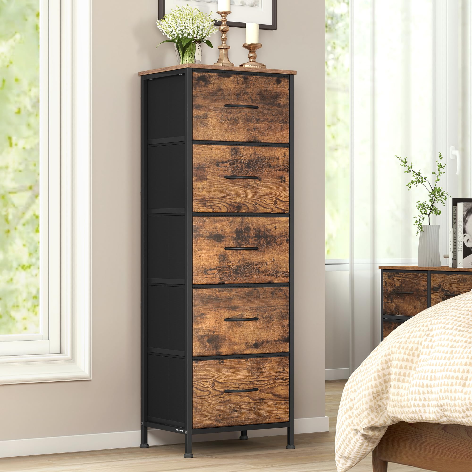 SONGMICS Chest of Drawers, 5 Fabric Drawers Storage Unit, Steel, MDF, Non-Woven Fabric, for Bedroom, Closet, Hallway, Living Room, Rustic Brown and Ink Black LGS315BH04