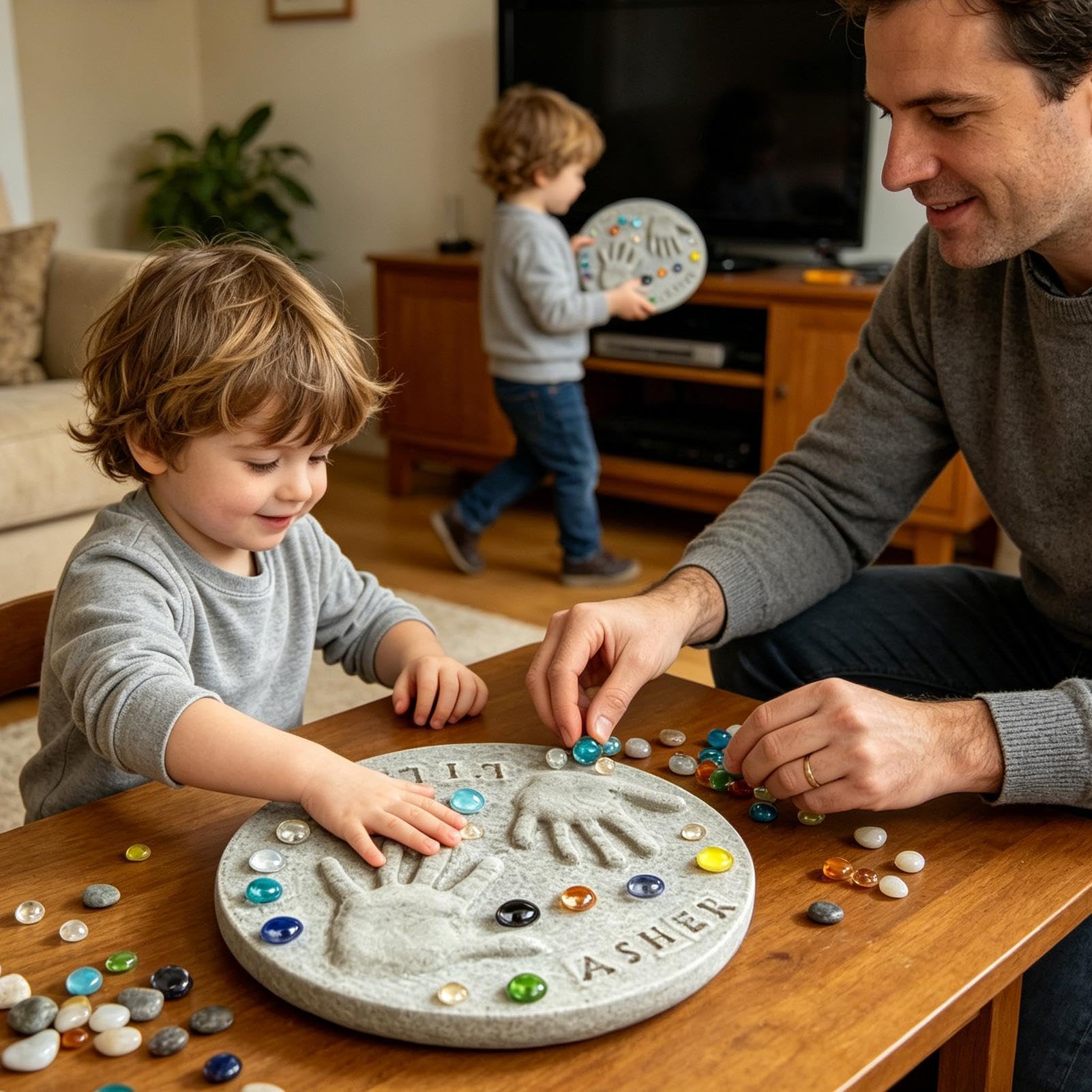 Kit cadeau d'empreinte de main bricolage, kit de tremplin d'empreinte de main bricolage pour enfant, comprend 1 module, 26 tampons de lettres et pierres colorées