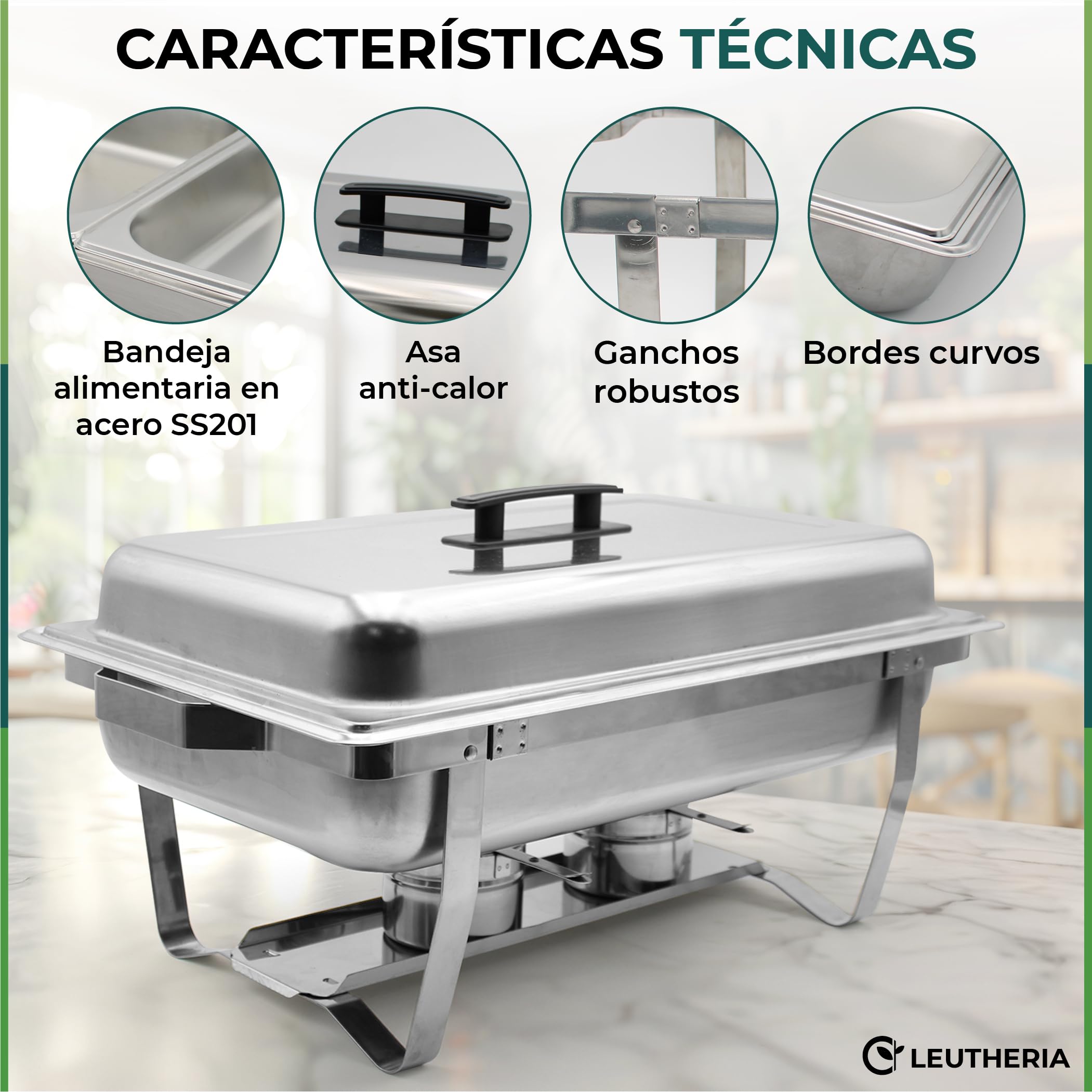 Pack de 4 Calentadores de Platos LEUTHERIA - Chafing Dish Profesional/Acero Inoxidable alimentario para Buffet/baño maría Profesional/Mantenimiento en Caliente/Catering/Hotel/Restaurante