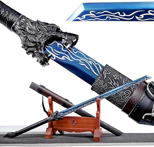 Espada de lobo hecha a mano Cool Blue Carbon Steel Chinese Tang Dao con cinturón