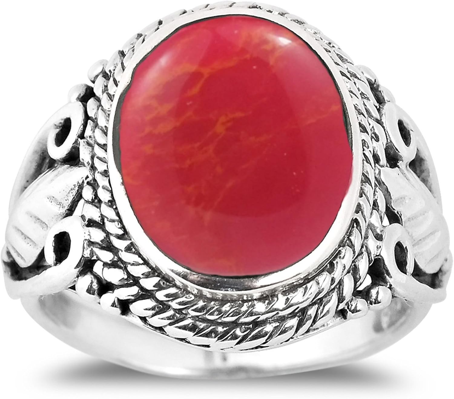 AeraVida Vintage Inspired Round Reconstructed Red Coral Nature Sterling Silver Ring | Classic Wedding Rings For Women | Casual Comfort Fit Silver Rings for Women | Sterling Silver Rings Sizes (6-9)
