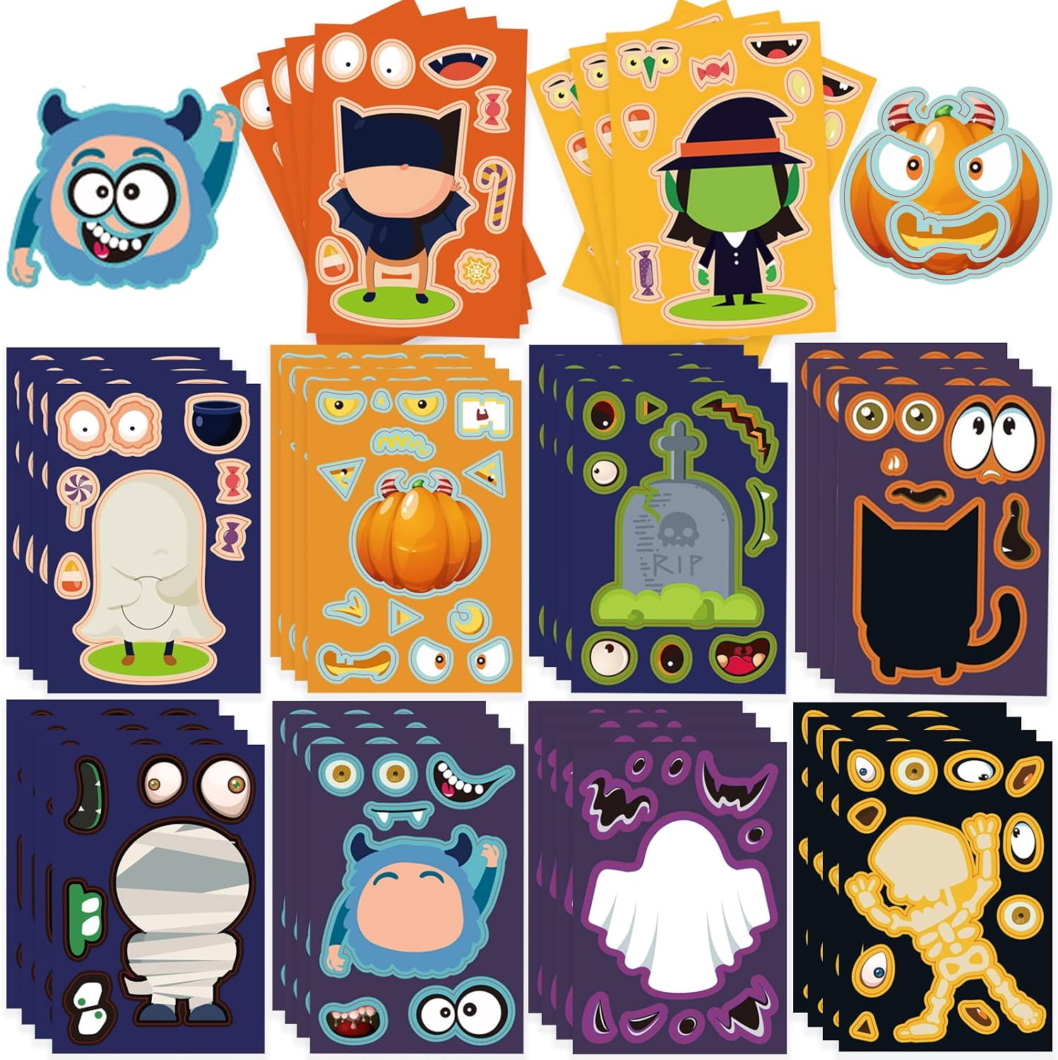 40 Sheets Halloween Craft Stickers Party Favor Game Stickers DIY Make Your Own Face for Halloween Kids Toddlers Trick or Treat Pumpkin Ghost Zombie Monster Stickers
