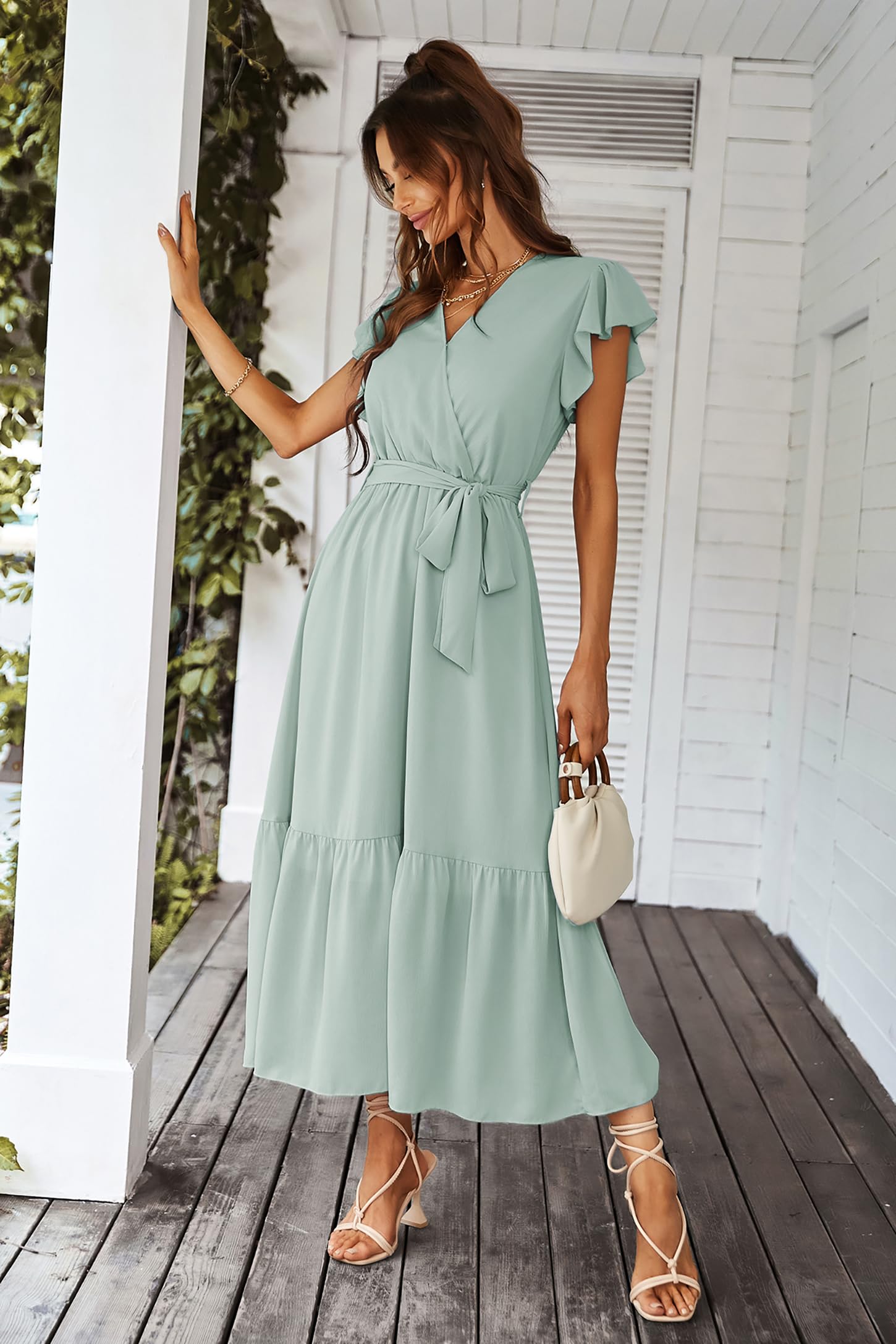 Awemeal Vestido de verano para mujer, elegante, cuello de pico, manga corta, vestido de verano, bohemio, floral, con cinturón, volantes, dobladillo envolvente, vestido de playa, línea A, vestido largo