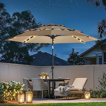 wikiwiki 9FT 3Tiers Solar Led Patio Umbrella, Sturdy Outdoor Market Umbrella for Deck, Pool, Garden w/Tilt, Crank, 32 LED Lights, Tan