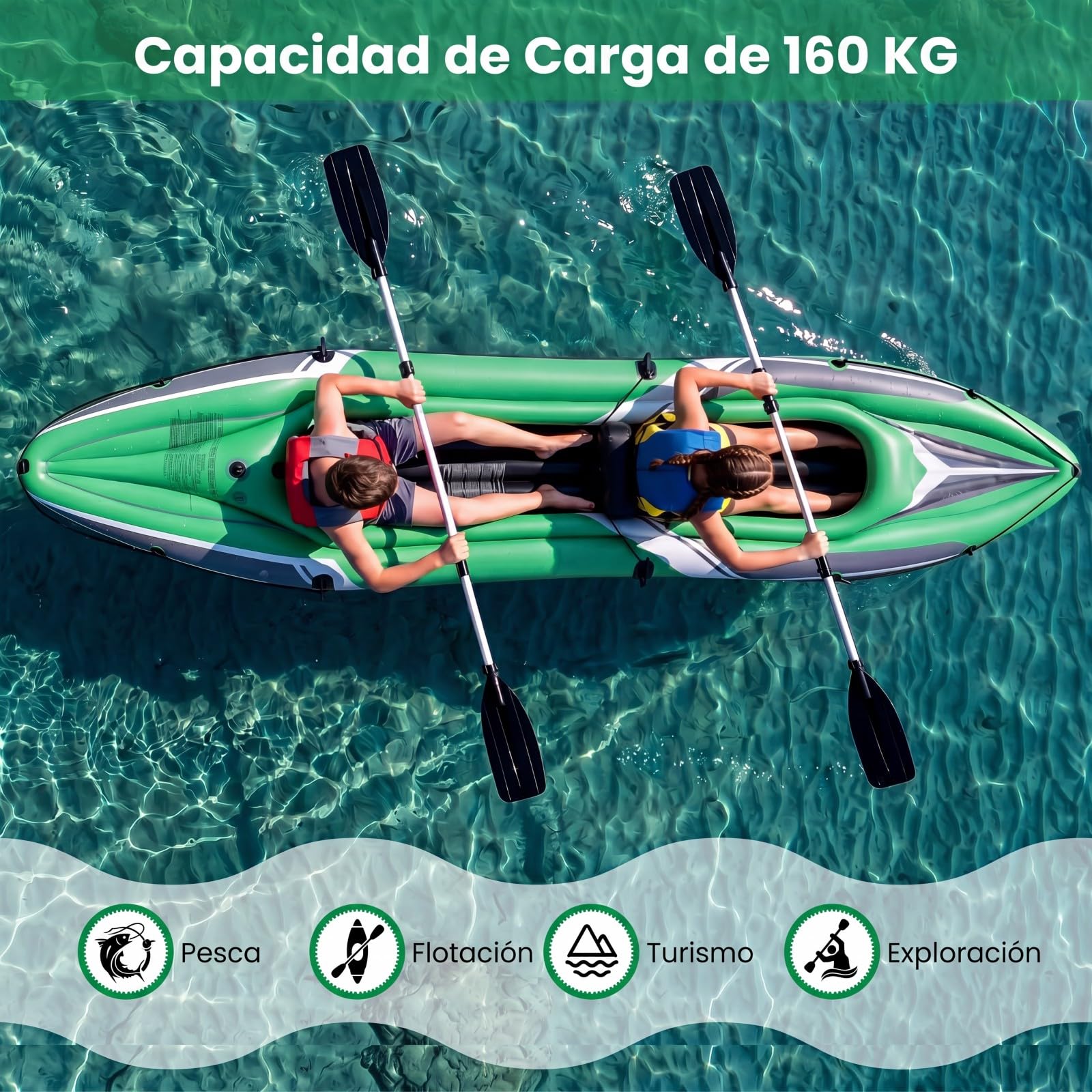 COSTWAY Kayak Hinchable 2 Plazas, Barca Hinchable con Remos de Aluminio, Asientos y Reposapiés Hinchables, Kayak Inflable para 2 Personas con Bomba Manual para Adultos, Carga 160 kg, 350 x 78 x 47 cm