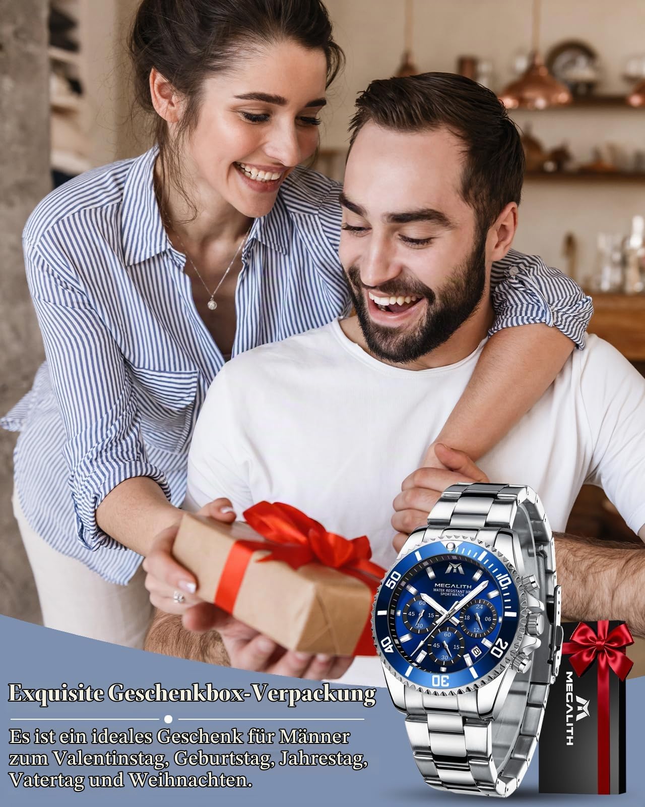 MEGALITH Uhren Herren Chronograph Edelstahl: Armbanduhr Herren Groß mit Datum Leuchtend Wasserdicht - Designer Herrenuhr für Geschäftsleute Alltagskleidung Geschenk