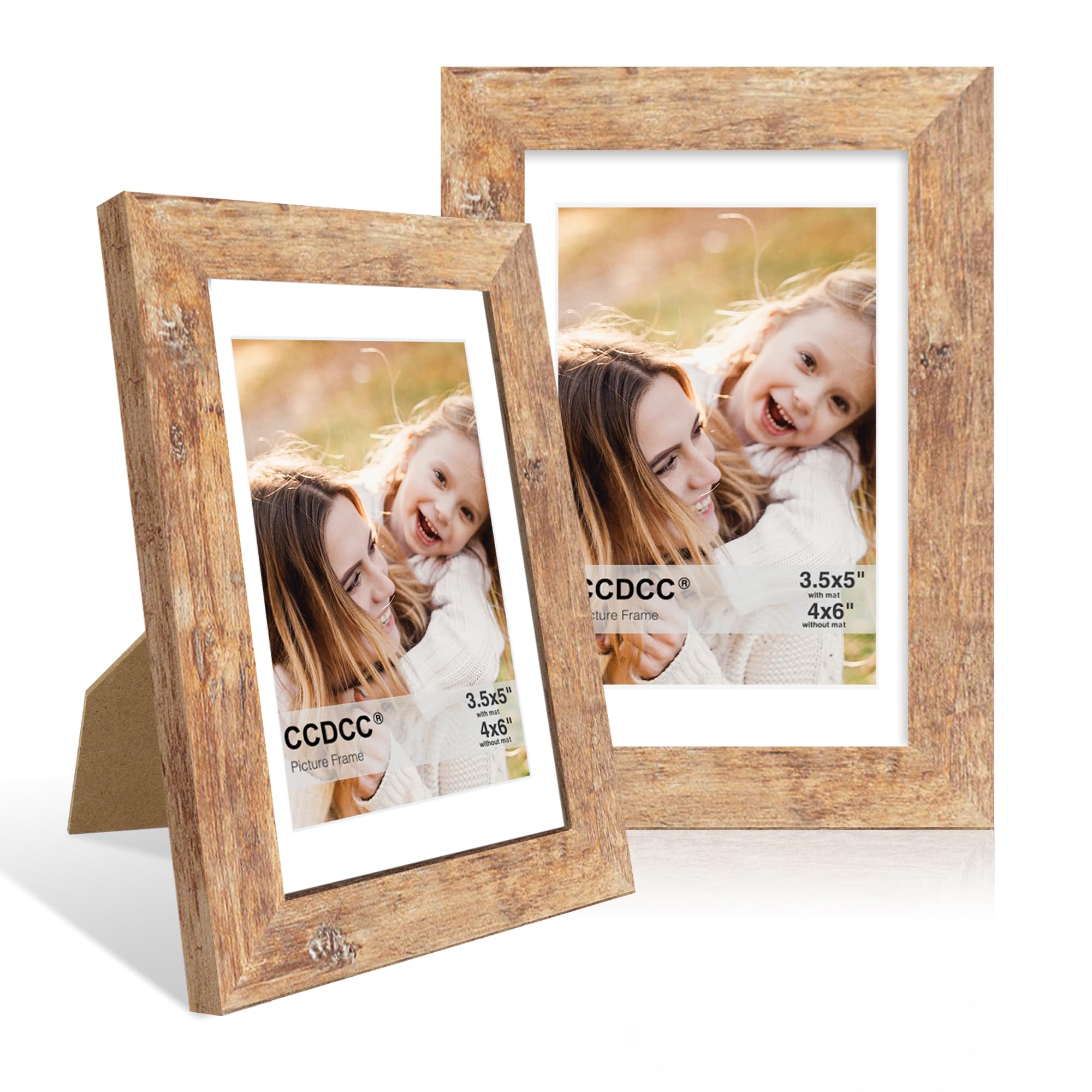 ccdcc 4x6 Picture Frame Set of 2, 4 x 6 Wood Photo Frames with Mat for 3.5x5, Natural Wooden Frame with Real Glass Cover for Wall and Tabletop Display