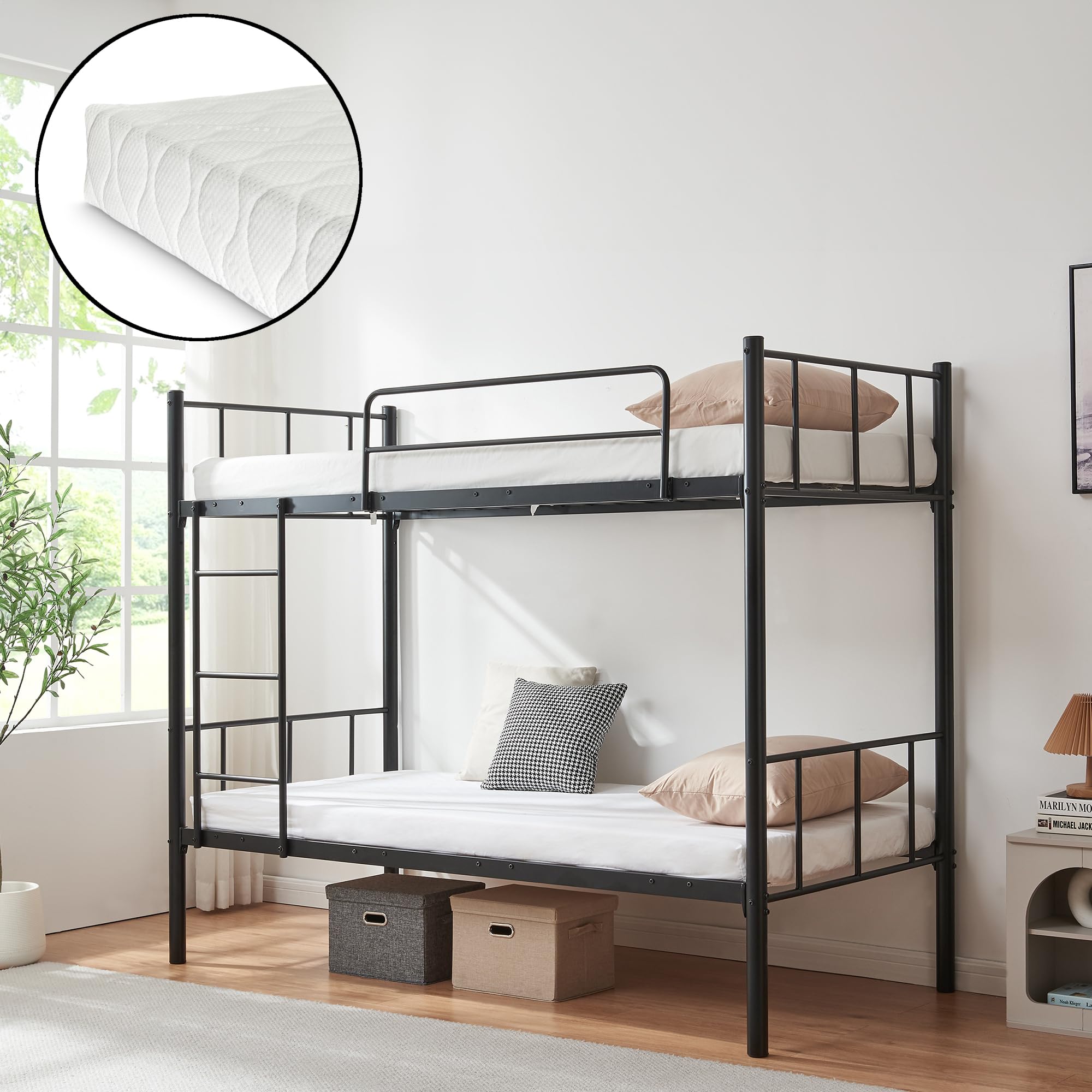[en.casa] Letto a Castello a 2 Posti con Materassi a Schiuma Fredda 90x200 cm Struttura in Acciaio Scaletta e Sponda Barriera Anticaduta per Cameretta Ospiti Casa Vacanza - Nero