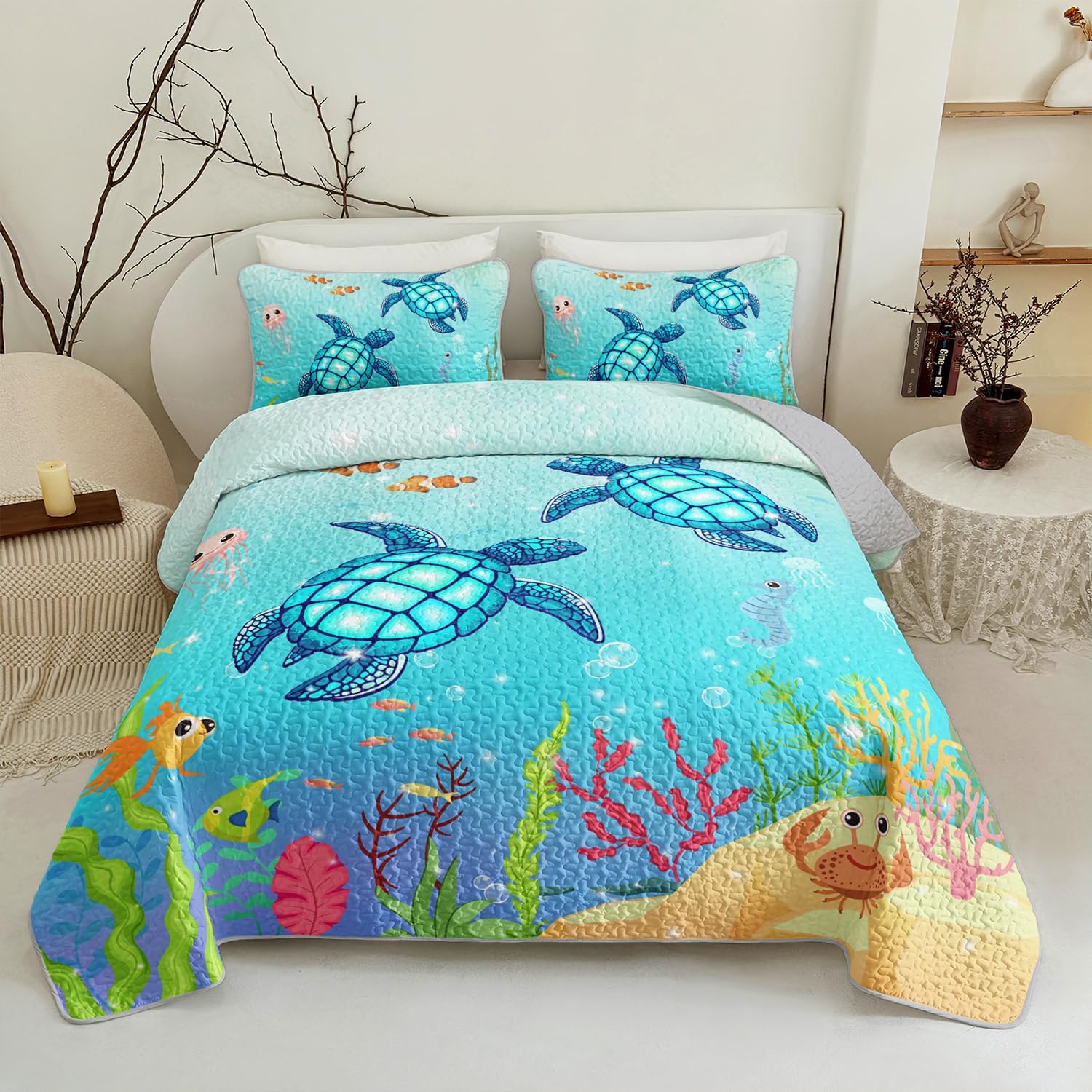 Coastal Turtle Quilts Bedding Set Full Size 3Pcs Ocean Watercolor Sea Turtle Quilt Bed Set Beach Nautical Sea Animal Reptile Bedspreads Coverlet with 2 Pillowcases for All Season Kids Room Decor
