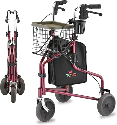 Vista 7 de NOVA Traveler - Andador plegable de 3 ruedas con bandeja, canasta, bolsa y soporte para tazas, ayuda de movilidad ligera para personas mayores