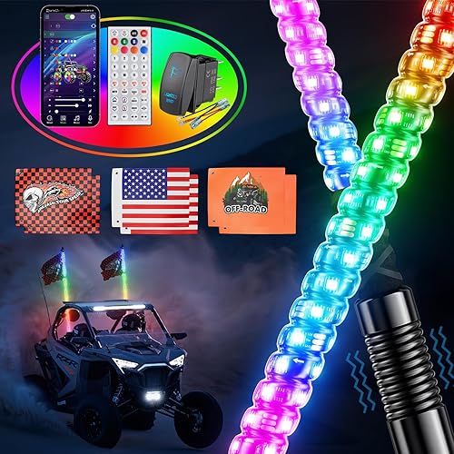 Miniatura 8 de 2 luces de látigo de 4 pies para UTV ATV con base de resorte, luz LED triple más brillante con interruptor basculante y 6 banderas, látigo de antena