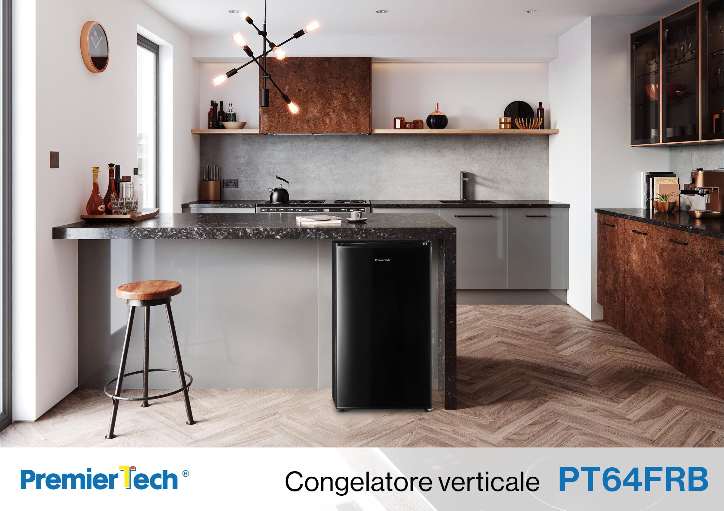 PremierTech Congelatore Verticale Nero, 64 Litri, 3 Cassetti, 4 Stelle, -24°C, Classe Energetica E, Porta Reversibile, Termostato Regolabile, Libera Installazione, Sottotavolo, Freezer, PT64FRB