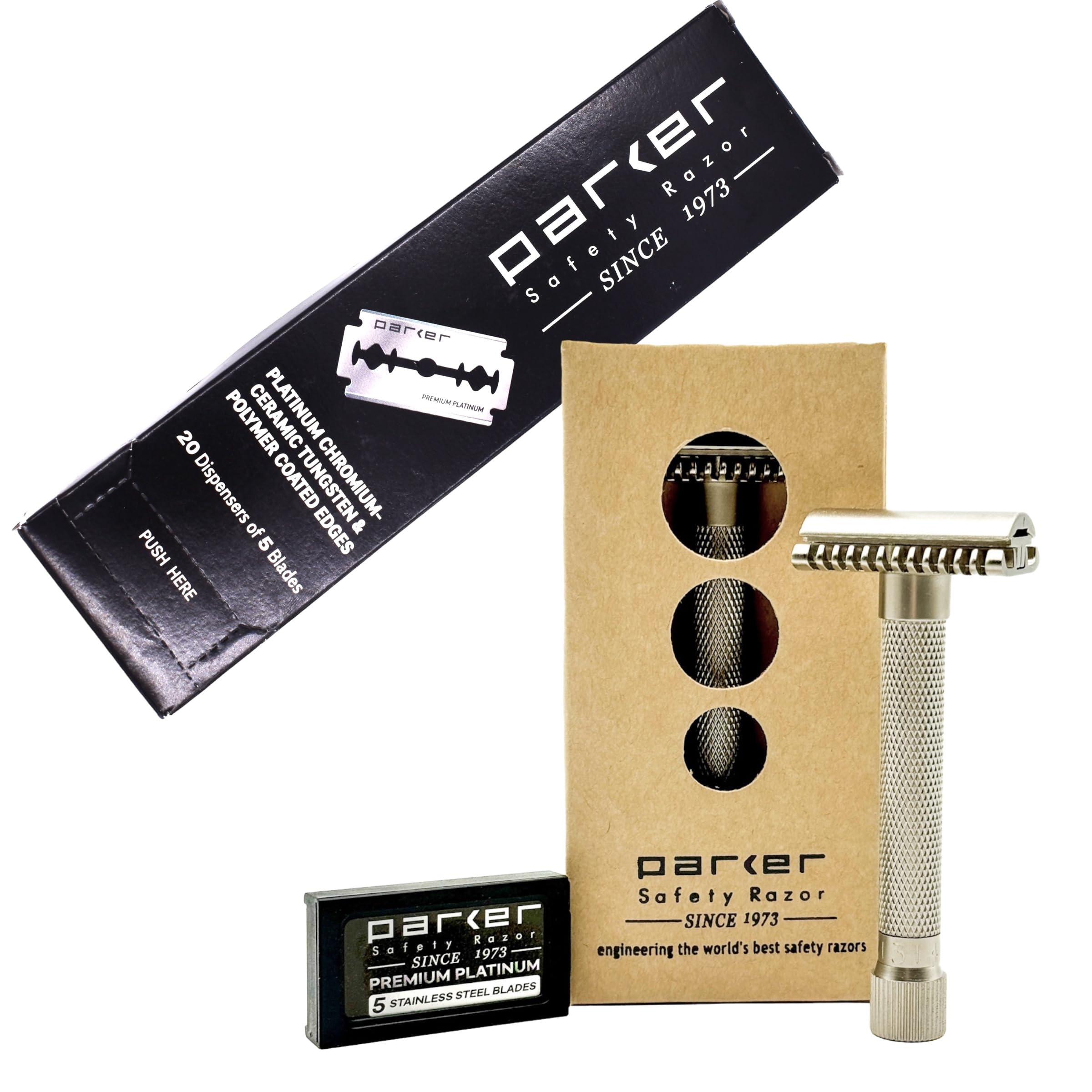 The Parker Variant OPEN COMB ADJUSTABLE Double Edge Safety Razor and 105 Blade Bundle GRAPHITE