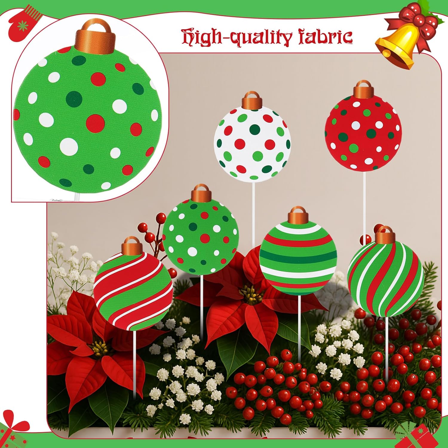 12 Pcs 12 Inch Christmas Garden Stakes Metal Snowman Elk Gingerbread Man Santa Tree Gift Ball Snowflake Lawn Decor Yard Signs Stake for Xmas Winter Outdoor Porch Patio Party(Christmas Balls)