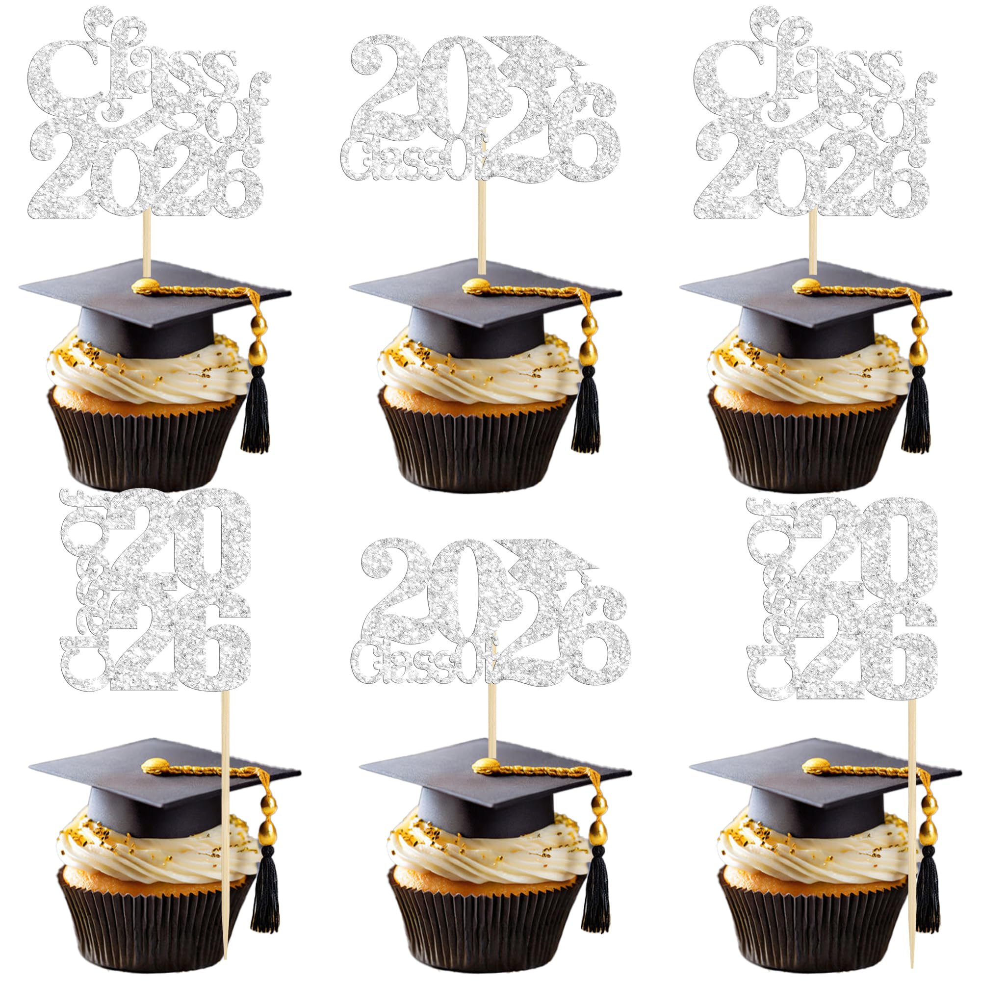 30 Pack Class of 2026 Bachelor Cap Cupcake Toppers Glitter 2026 Graduation Cupcake Picks Decorations for Class of 2026 Graduation Theme Party Cake Decoration Supplies Silver