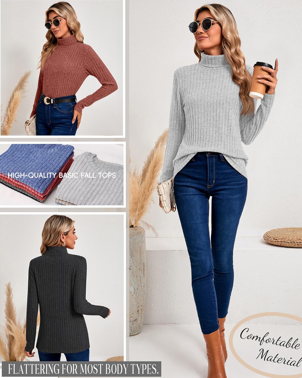 Ficerd 3 Pack Women's Turtleneck Sweater, Lightweight Long Sleeve Shirts Solid Color Tunic Tops Casual Slim Fitted Pullover - Image 4