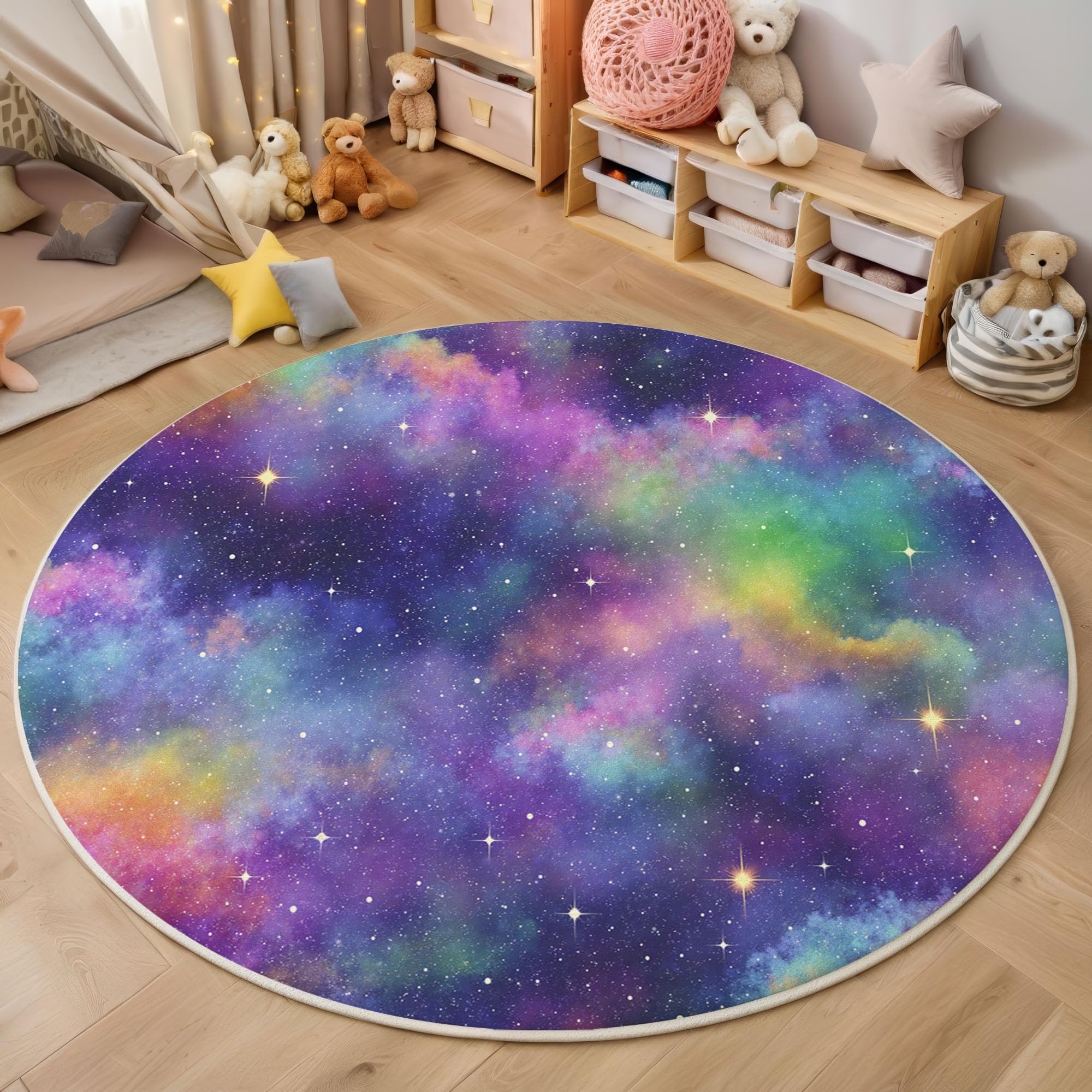 Tapis rond nébuleuse arc-en-ciel pour réchauffer le sol du salon