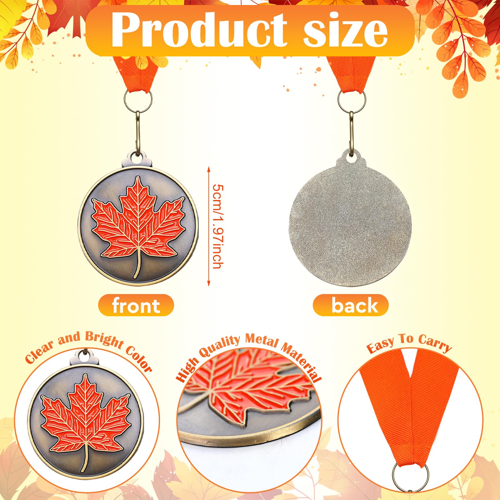 Sasylvia 20 Stück Herbst-Ahornblatt-Medaillen 5,1 cm, Metall, bunt, Ahornblatt-Auszeichnungsmedaillen mit Schleife, Blätter, Kranz, ideal für den ersten Platz, Erntedankfest, Herbstrennen für