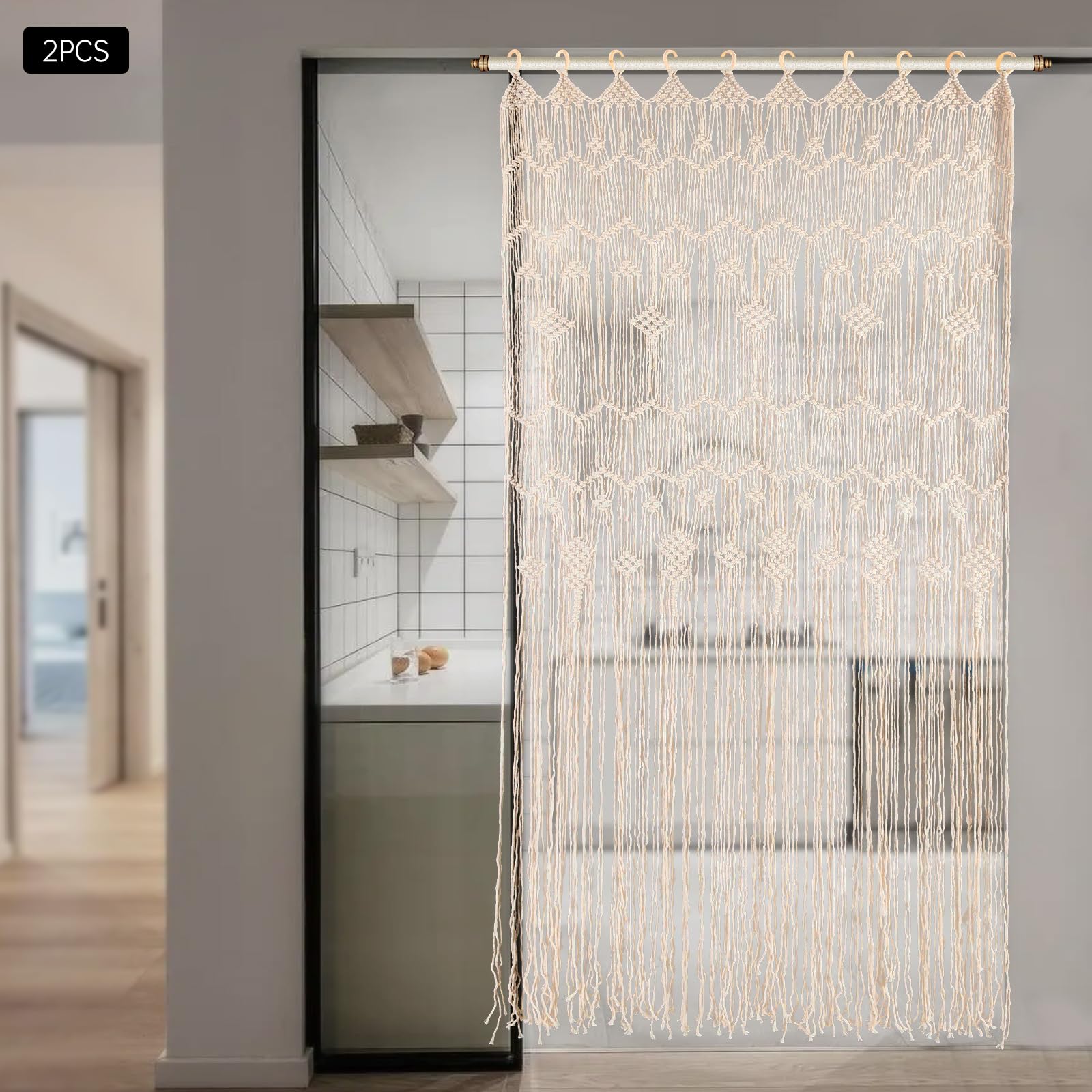 TRIEBAN Lot de 2 rideaux en macramé - Style bohème - Tissés à la main - Pour mariage, fenêtre et séparateur de pièce - Décoration murale pour la maison et le bureau - 85 x 200 cm