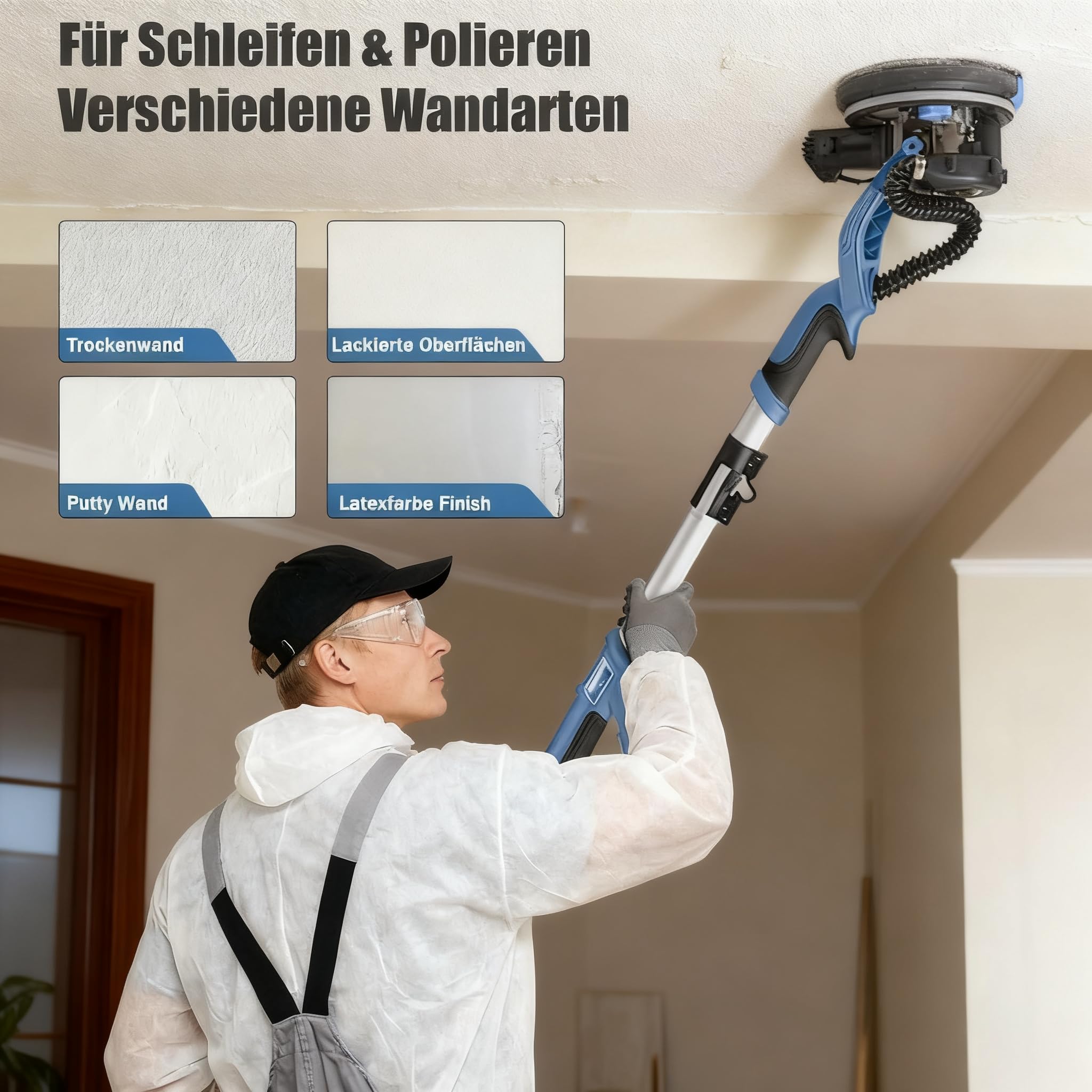 Szlifierka do suchej zabudowy z diodami LED i trzonkiem teleskopowym | szlifierka sufitowa z odsysaniem 750 W | szlifierka ścienna z rzepem Ø 214 mm | w zestawie 10 tarcz szlifierskich, 7