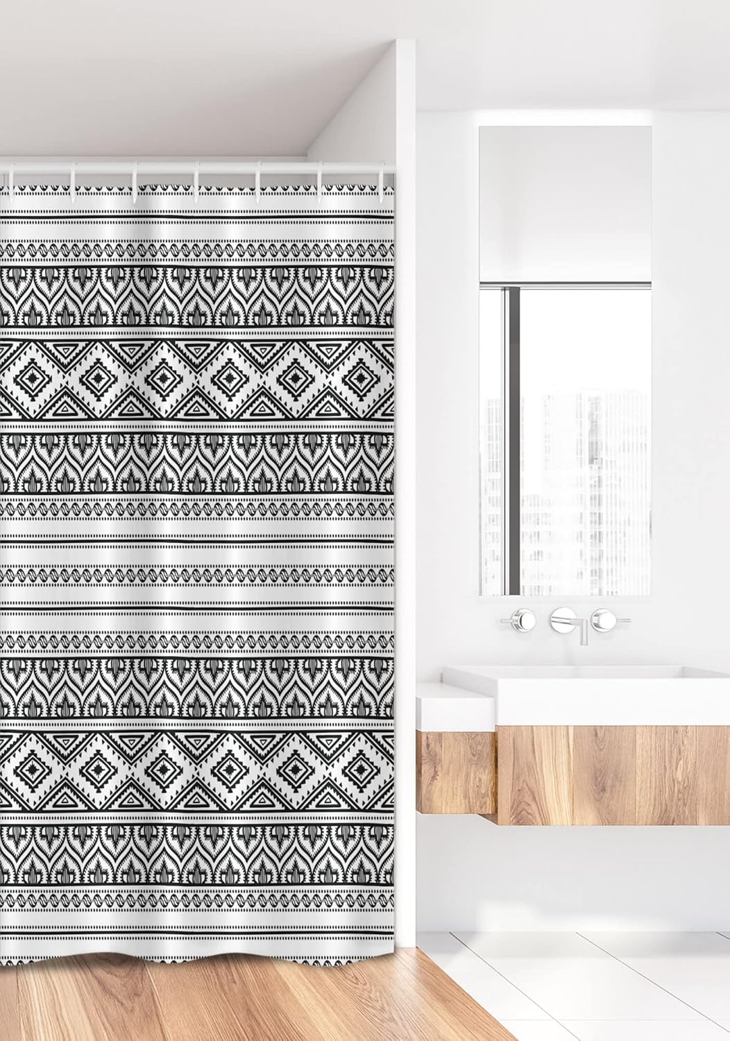 Ambesonne Ethnic Stall Shower Curtain, Oriental Moroccan Round Style Lines Dots Geometric Shapes Art, Fabric Bathroom Decor Set with Hooks, 36" W x 72" L, Charcoal Grey White