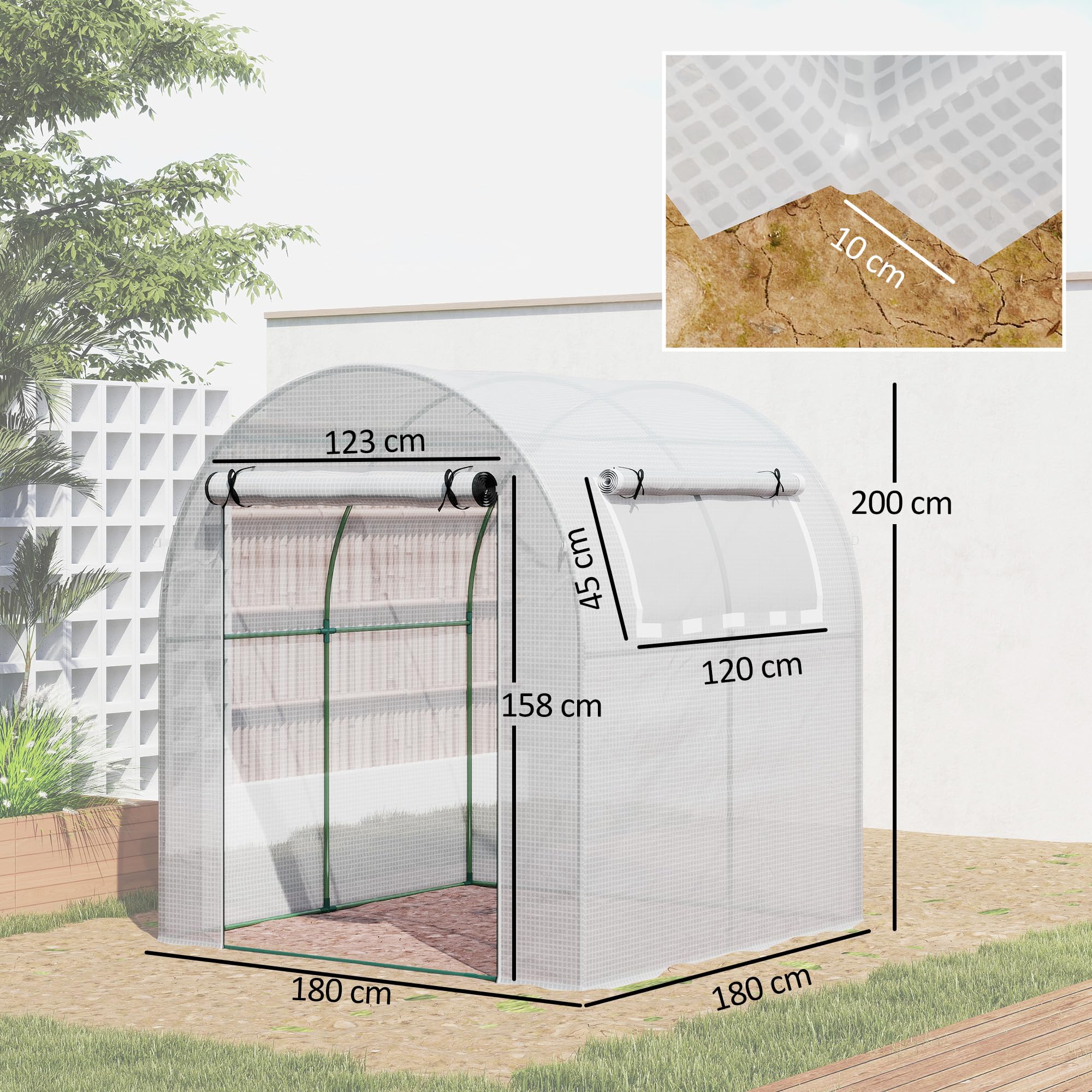 Outsunny Invernadero de Jardín 180x180x200 cm Invernadero de Túnel Pequeño con Puerta Enrollable y Ventana de Malla para Cultivar Plantas Flores Blanco