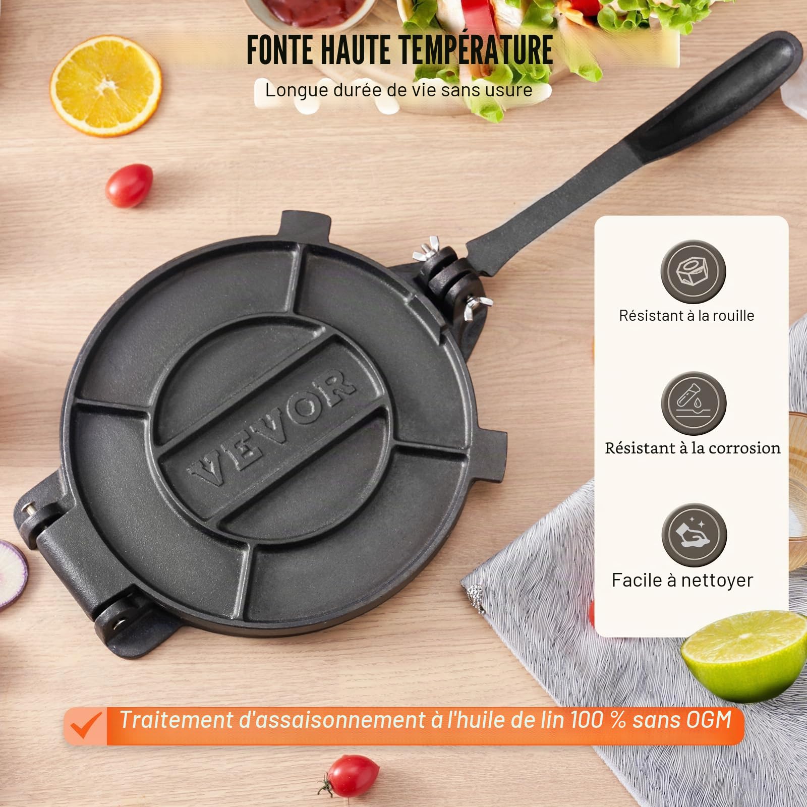 VEVOR Presse à Tortillas en Fonte Résistant 25 cm Appareil Chapati Manuel Presse à Burrito avec 100 Feuilles de Papiers Supplémentaires Parfaite pour Faire les Crêpes les Tartes les Rotis Indiens