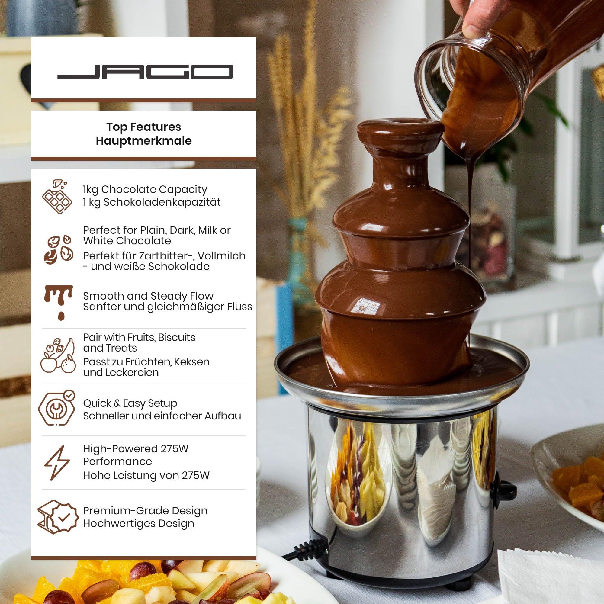 Jago® Schokoladenbrunnen 275W - 3 Etagen, Max. Kapazität 1 kg Schokolade, Edelstahl, Spülmaschinengeeignet, Silber - Schokobrunnen, Schokofondue, Schokoladenfondue, Schokoladenfontäne