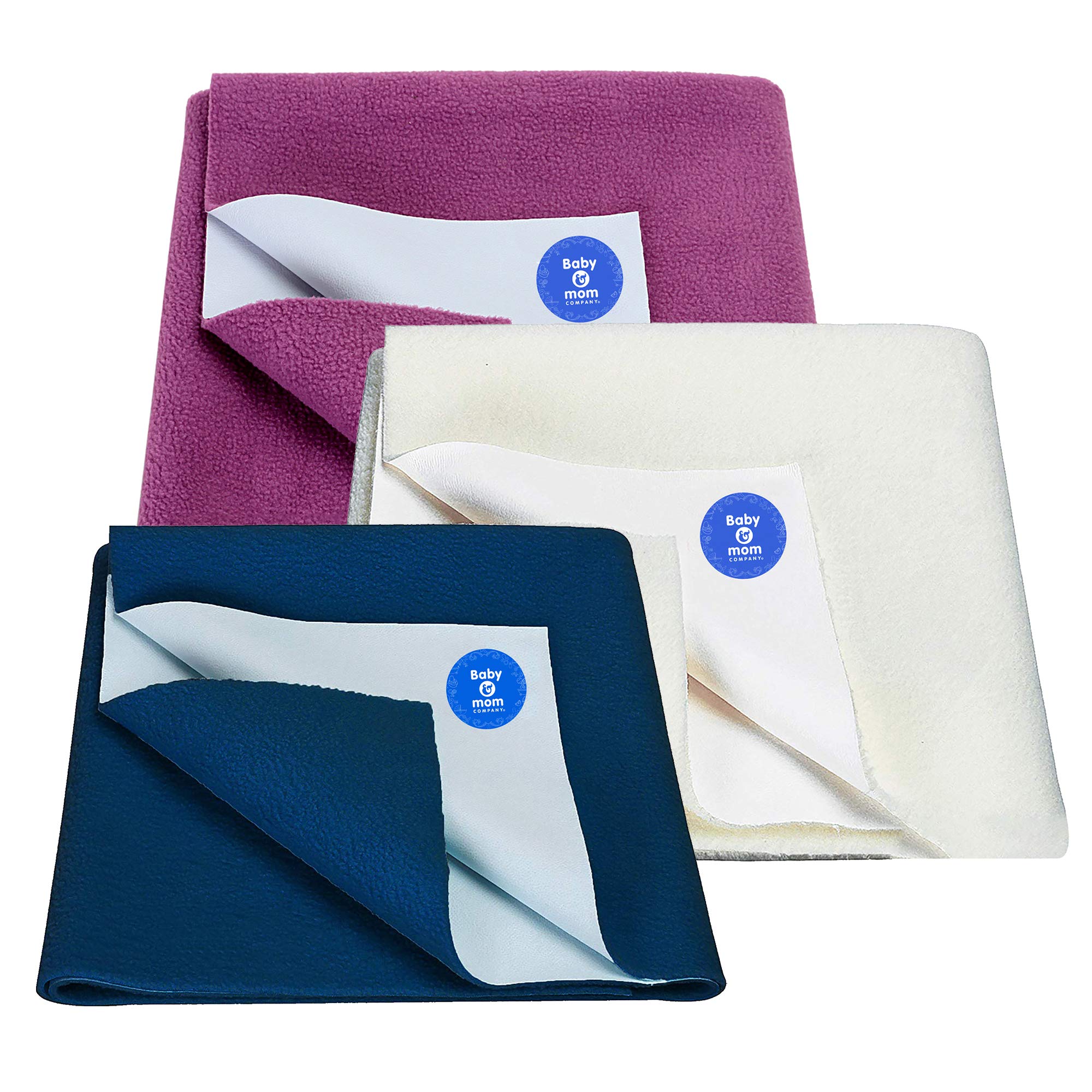 BABY & MOM COMPANY OYO New Born Combo Waterproof Bed Sheet Deap Sea + Ivory + Rani Pink 3 Medium Size (100cm X 70cm)