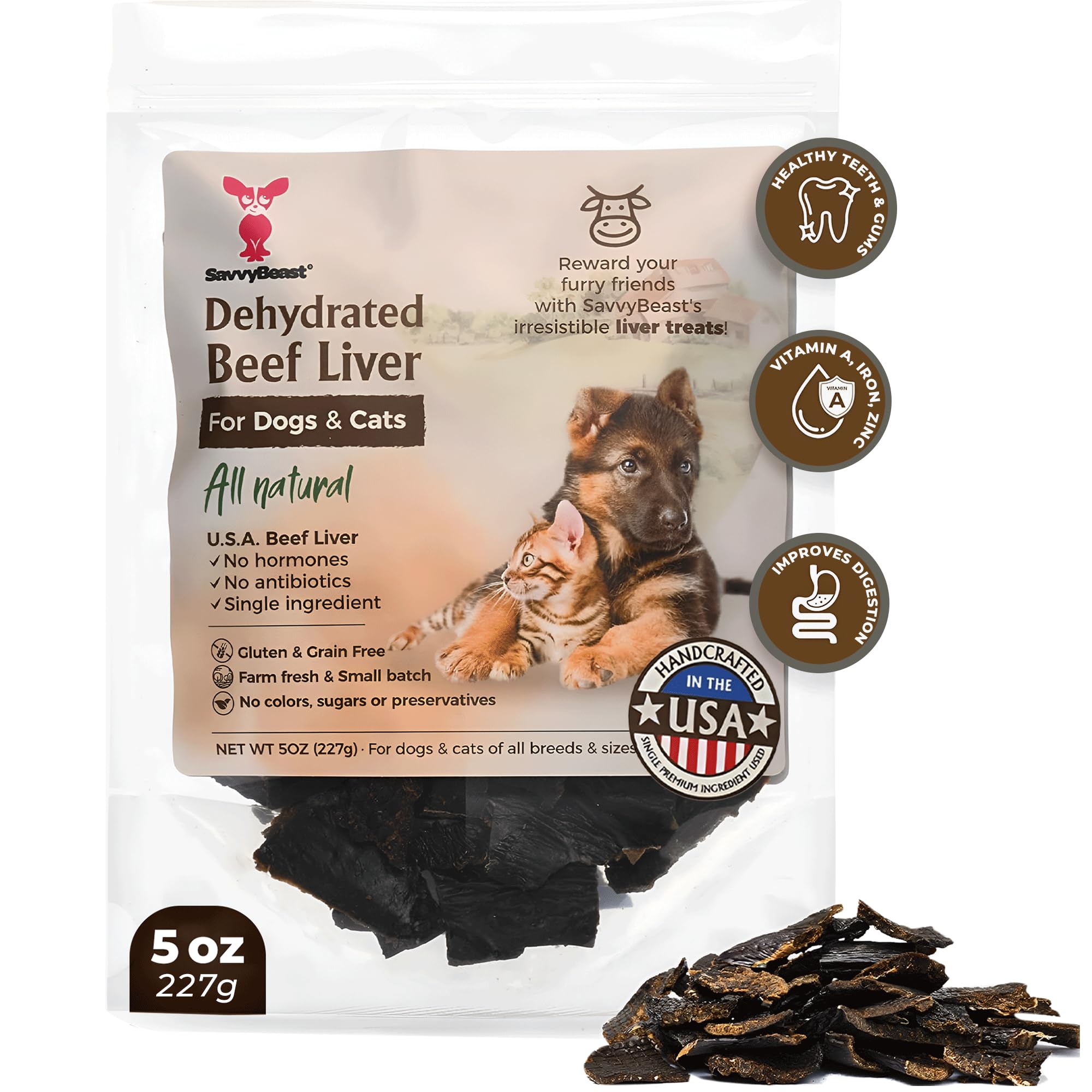 SavvyBeast Dehydrated Beef Liver Dog Treats – Gently Air Dried Raw Organ Meat – Healthy, All-Natural, Single Ingredient, Grain-Free Dry Jerky – Training Treats for Dogs & Cats – Made in USA – 5 oz